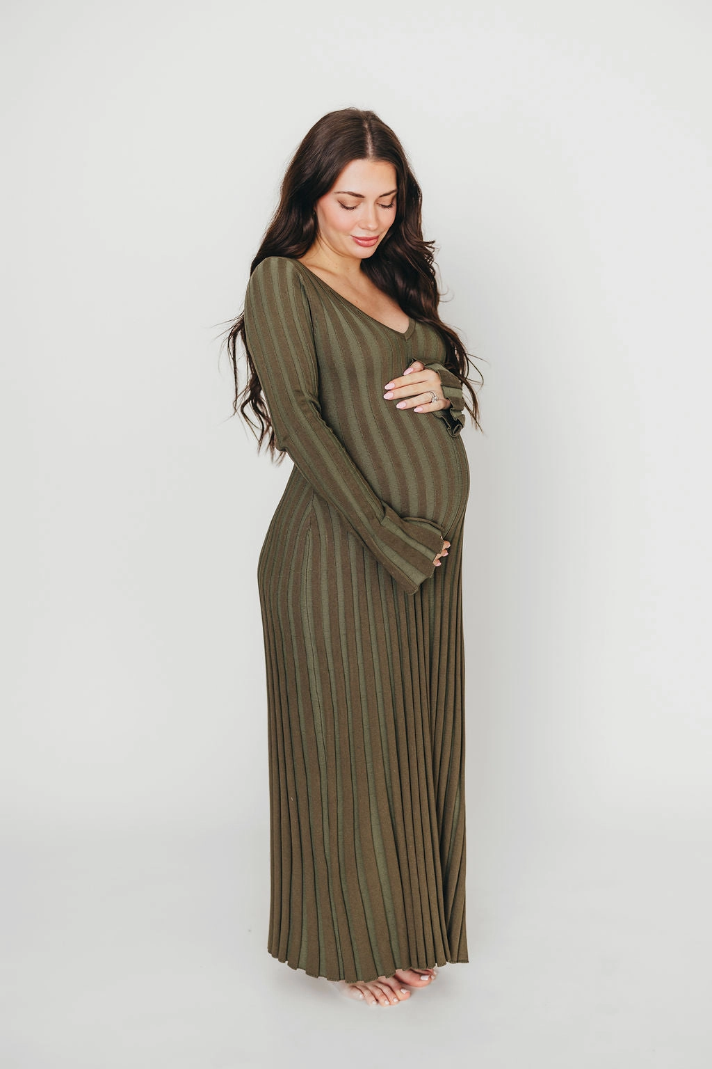 Hadley Long Sleeve V-Neck Knit Maxi Dress in Olive- Bump Friendly Trend Appeal
