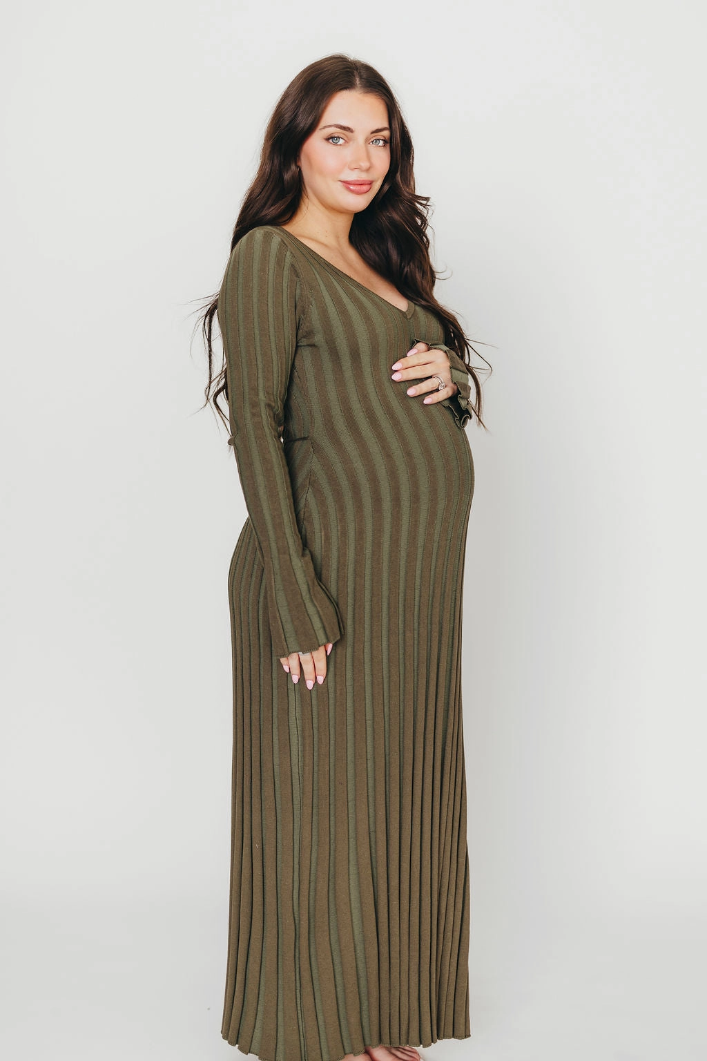 Hadley Long Sleeve V-Neck Knit Maxi Dress in Olive- Bump Friendly Everyday Comfort Wear