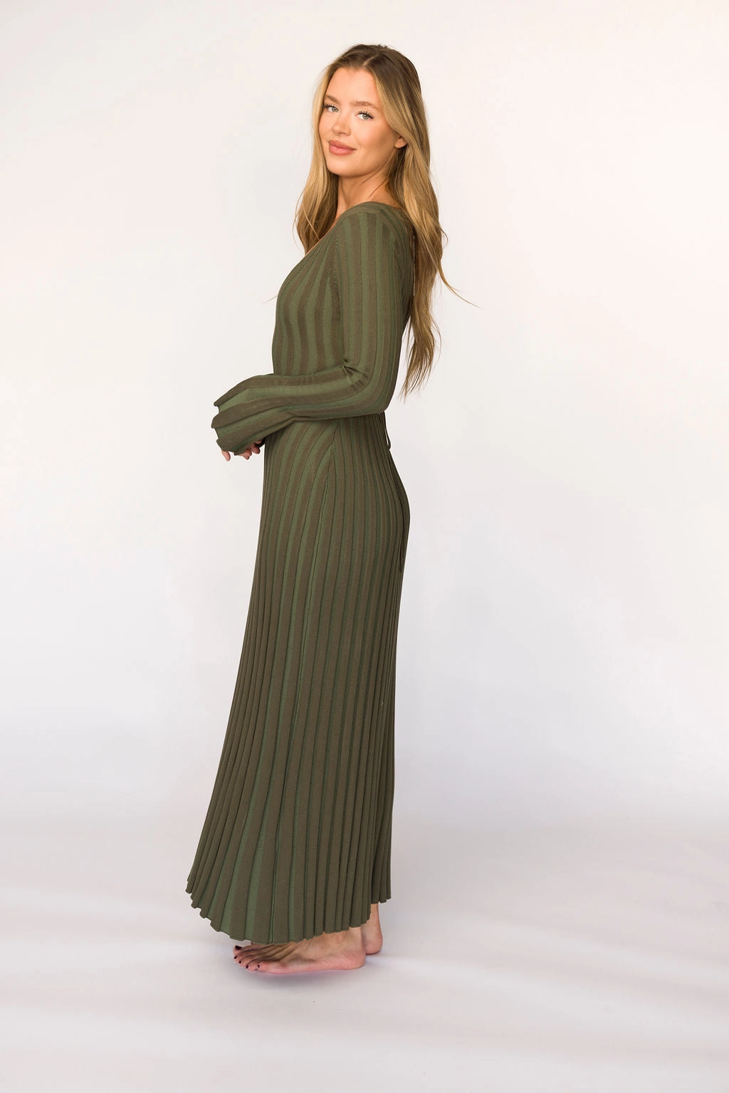 Hadley Long Sleeve V-Neck Knit Maxi Dress in Olive- Bump Friendly wrap waist Ruffle Hem