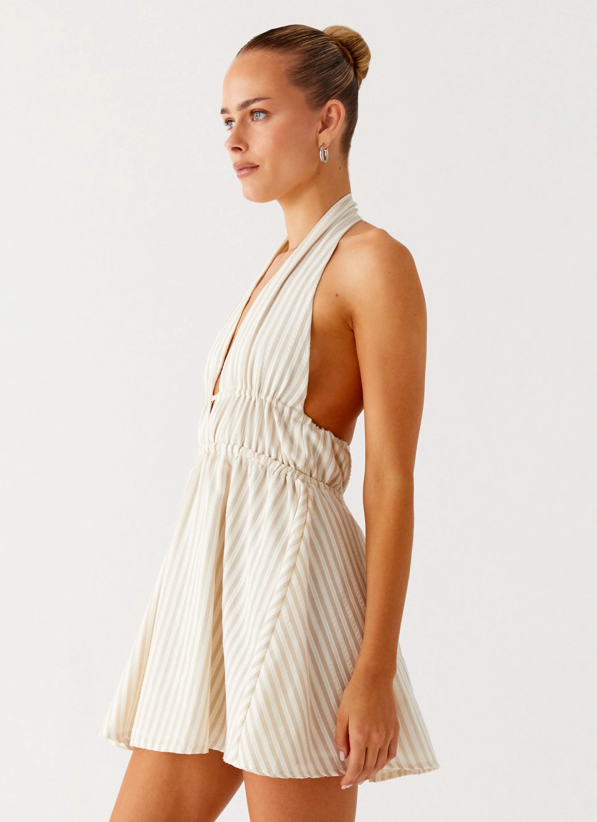 City Flow All-Season Comfort Figaro Halter Mini Dress - Taupe Stripe