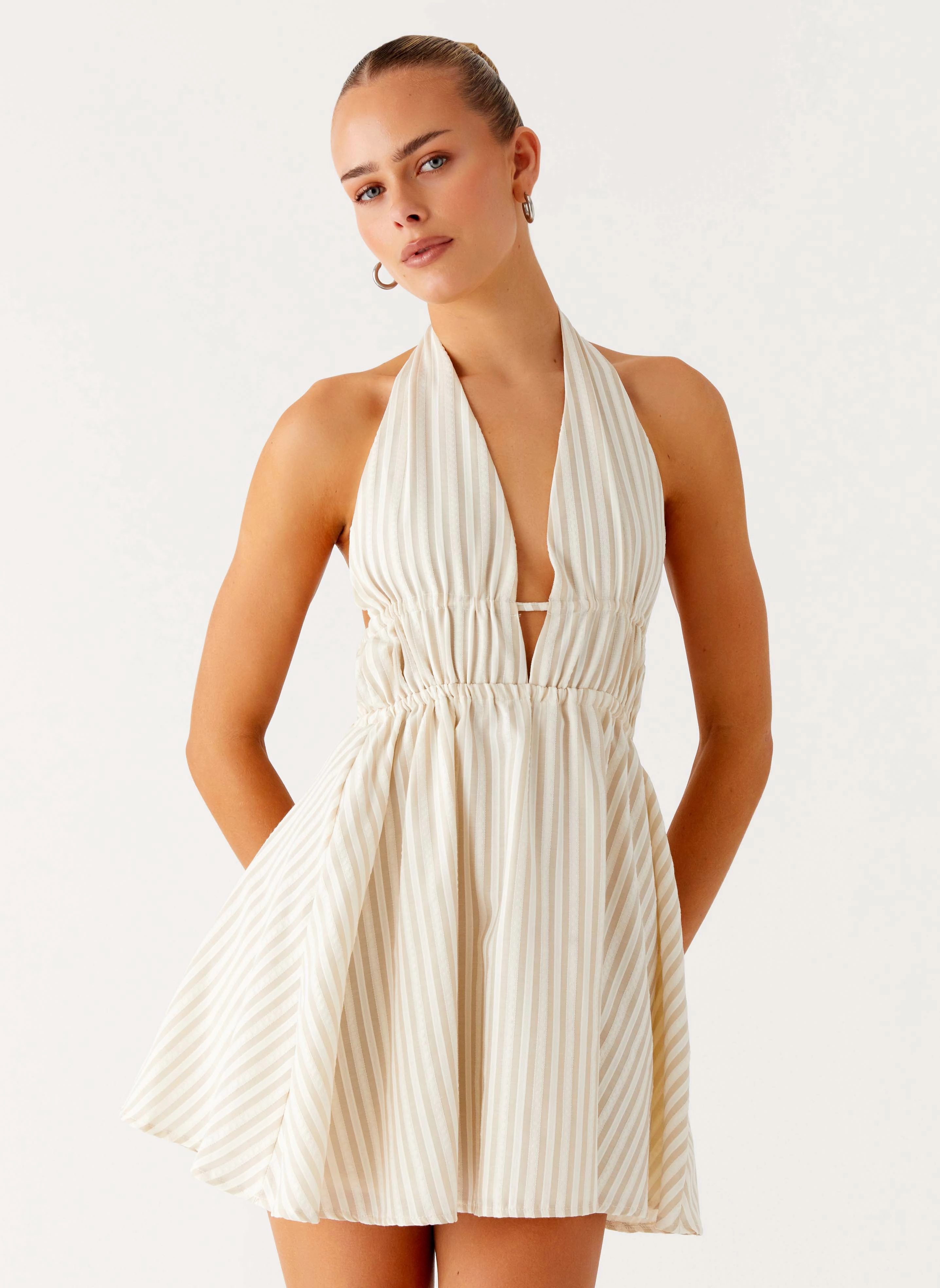 Reversible-Style Figaro Halter Mini Dress - Taupe Stripe