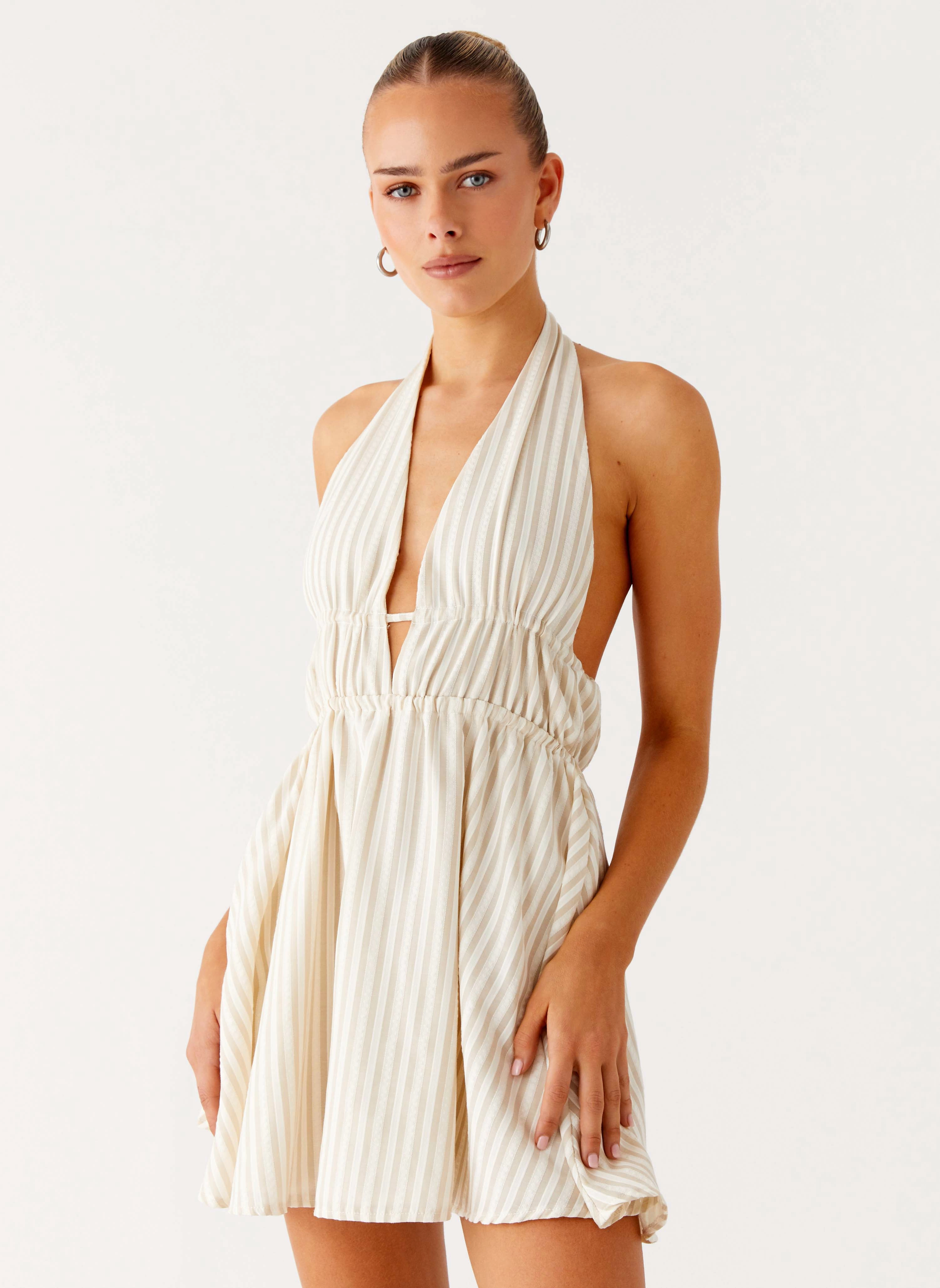 Figaro Halter Mini Dress - Taupe Stripe Tailored Piece