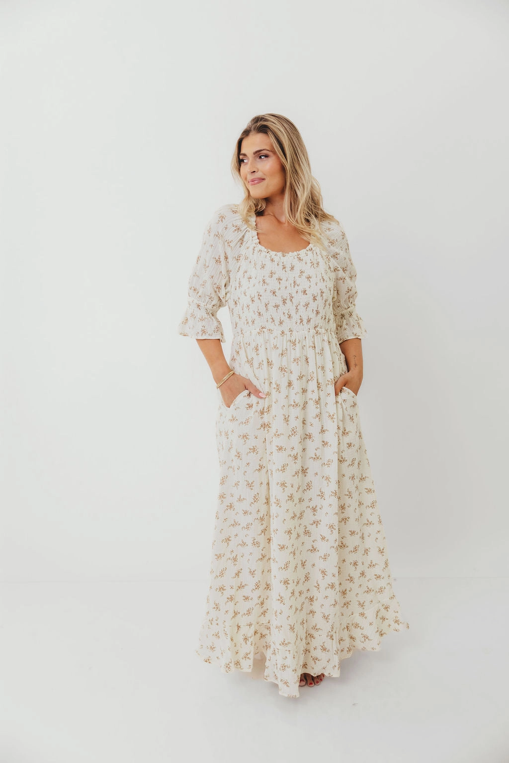Sienna 100% Cotton Puff Sleeve Maxi Dress in Cream - Bump Friendly Feminine off-the-shoulder gown Travel piece