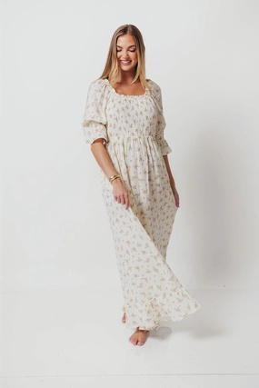 Sienna 100% Cotton Puff Sleeve Maxi Dress in Cream - Bump Friendly Texture Rich Beauty Feel