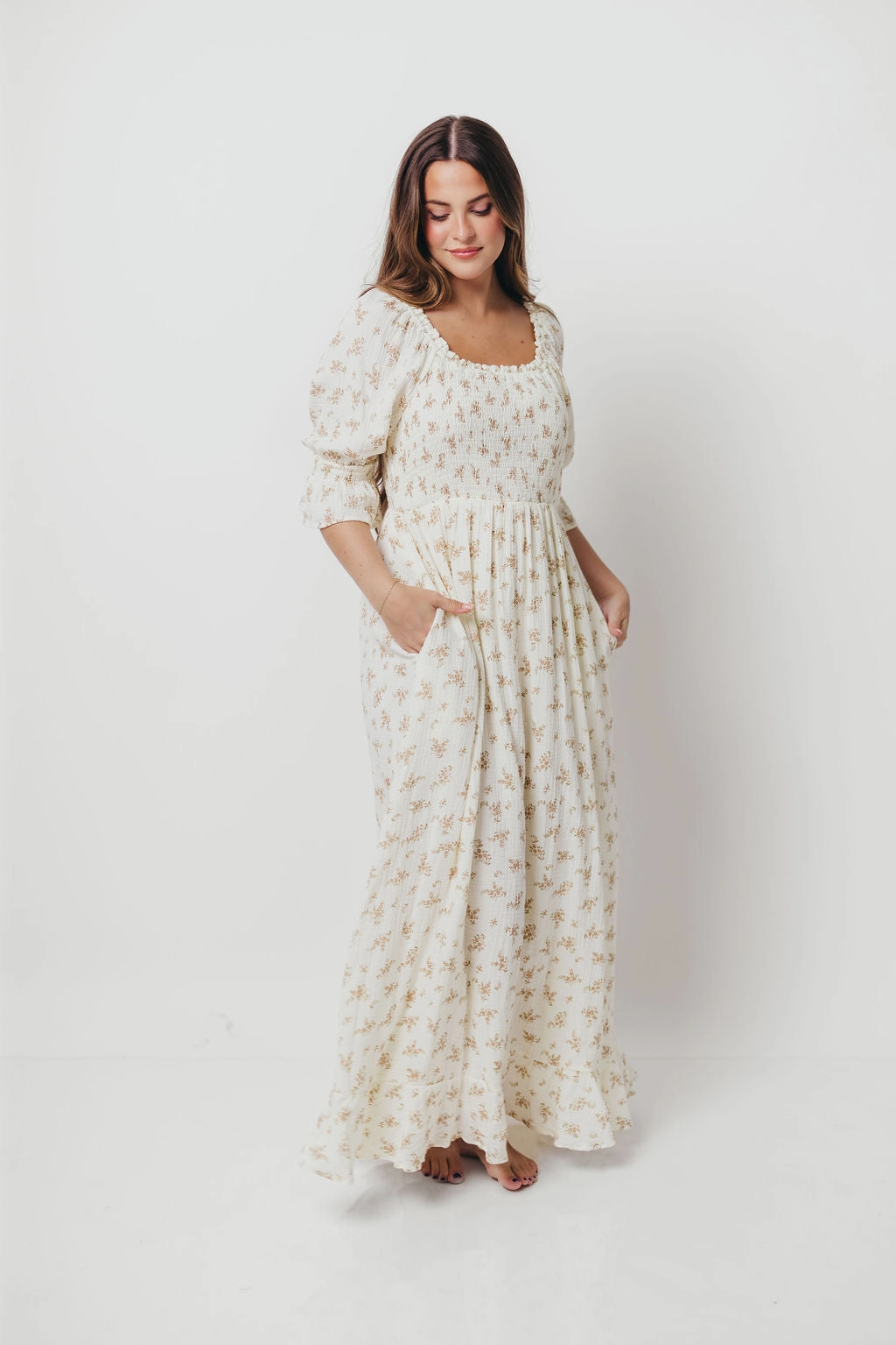 Sienna 100% Cotton Puff Sleeve Maxi Dress in Cream - Bump Friendly Smooth Flow