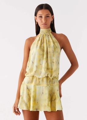 Lightweight Layer First Date Halter Mini Dress - Yellow Tie Dye