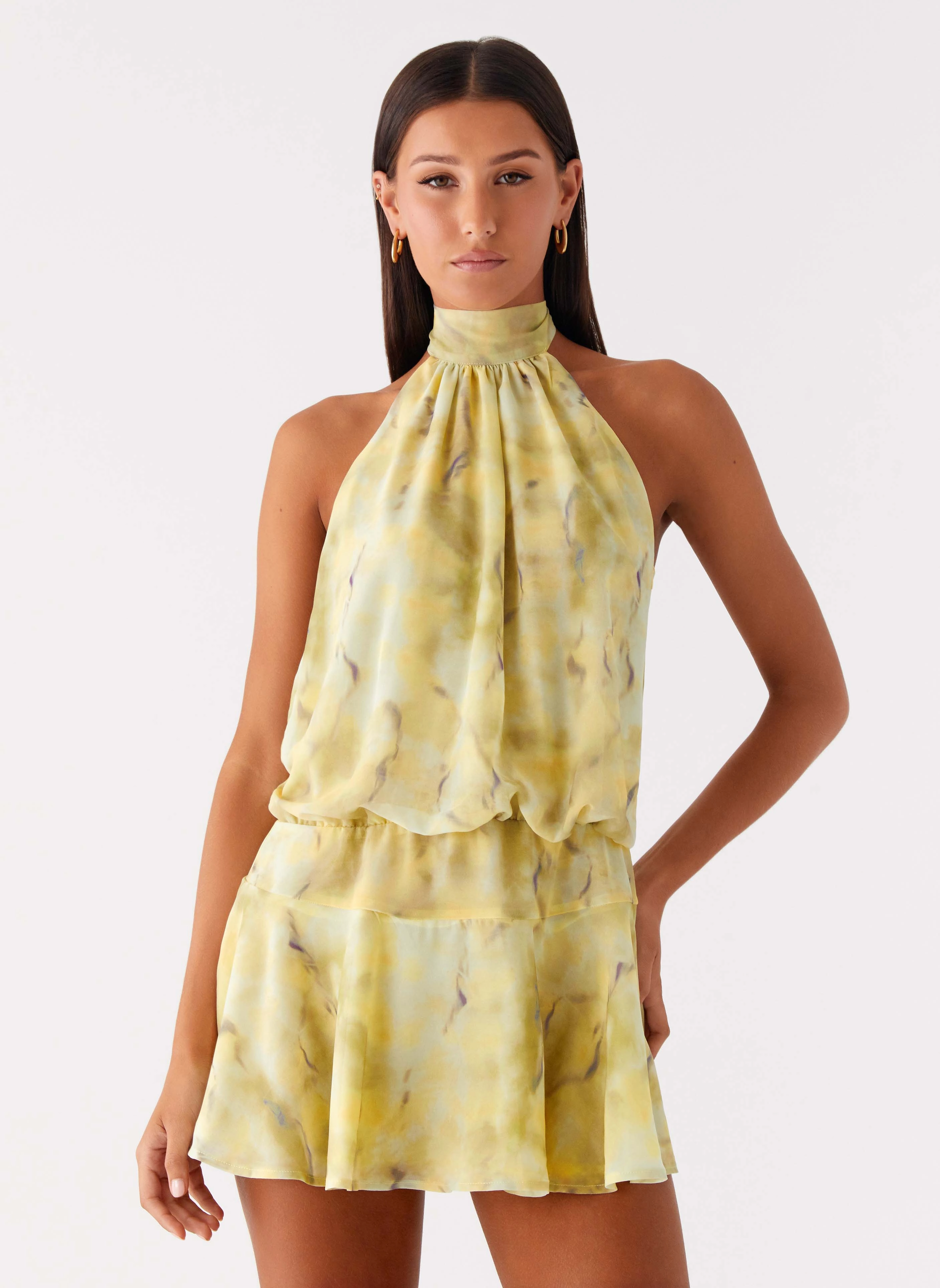 Lightweight Layer First Date Halter Mini Dress - Yellow Tie Dye