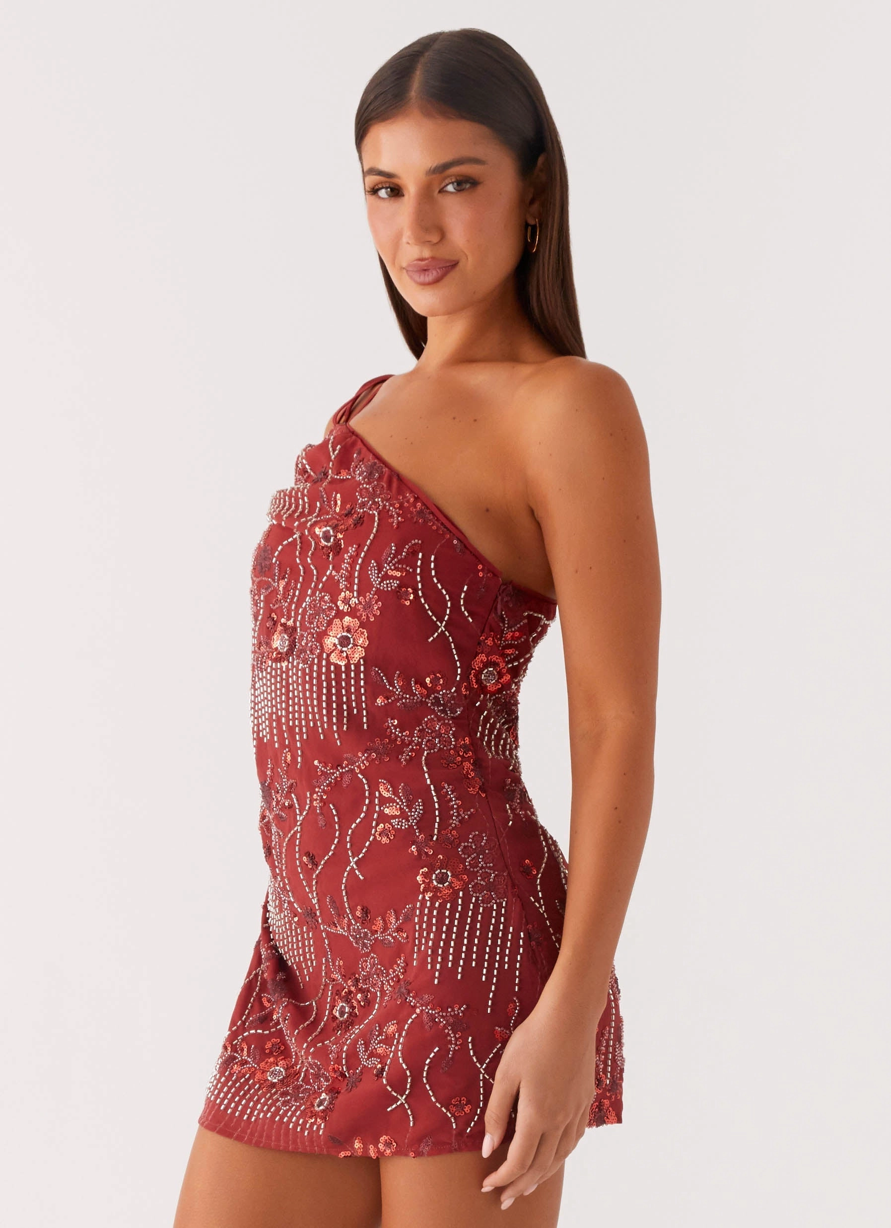 Stylish Look Luxe Look Temptational Beaded One Shoulder Mini Dress - Rust