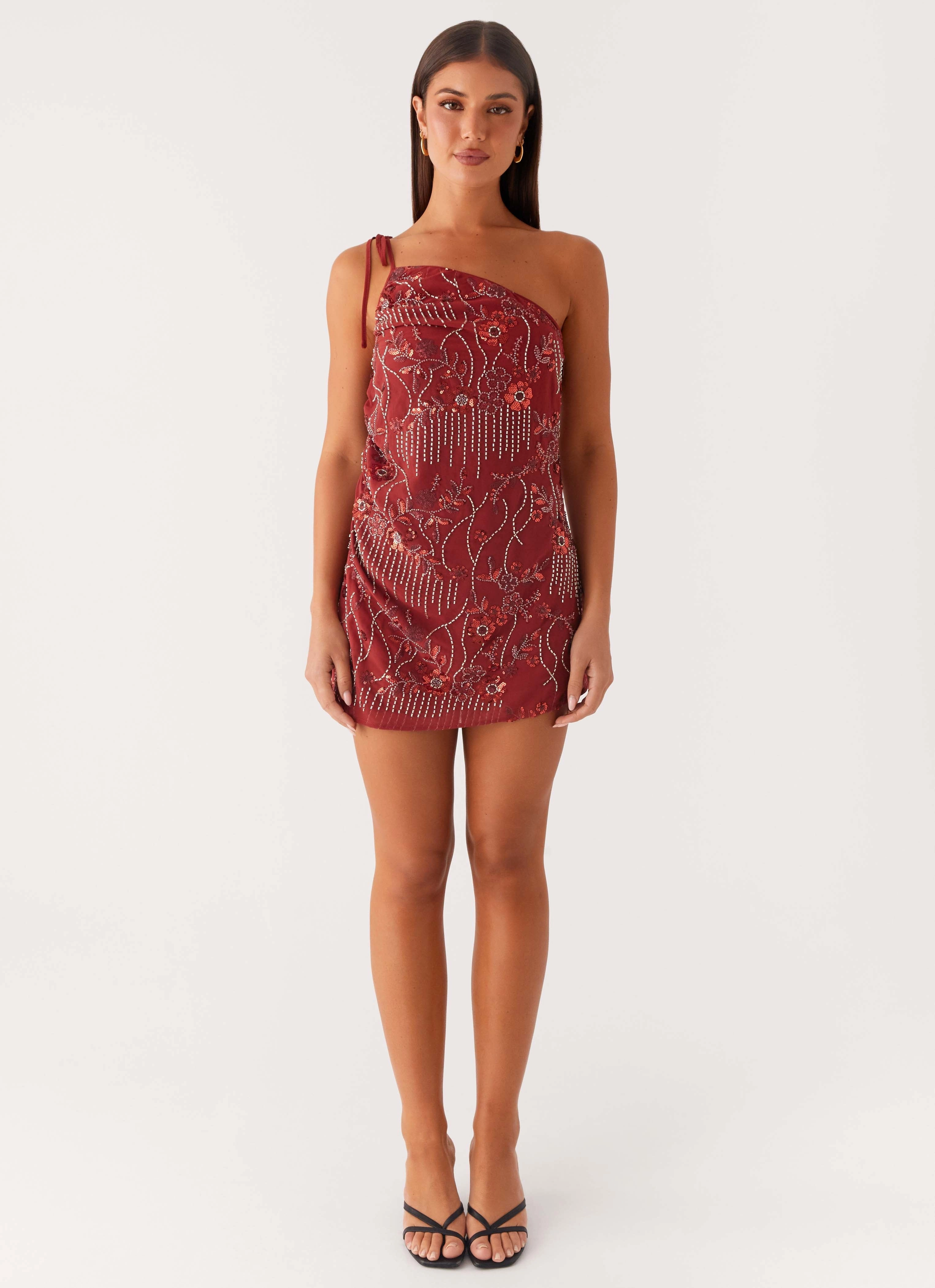 Subtle Stitch Temptational Beaded One Shoulder Mini Dress - Rust