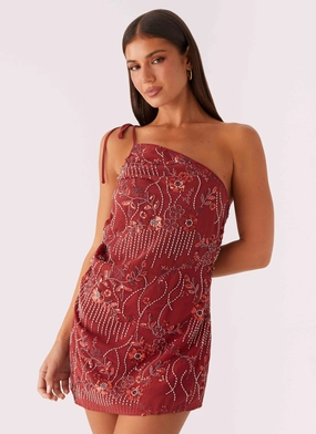 Temptational Beaded One Shoulder Mini Dress - Rust Transitional Style Comfy Style