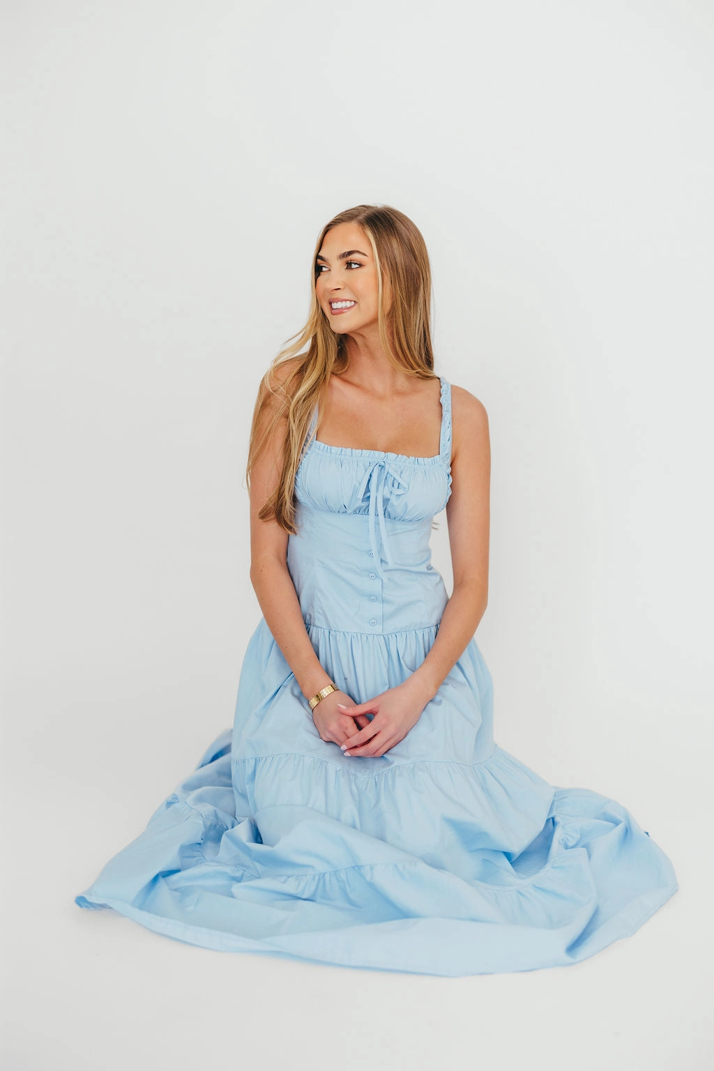 Sutton Corset Button Down Tiered Maxi Dress in Light Blue *Final-Sale* Maternity-Fit Timeless Wearable