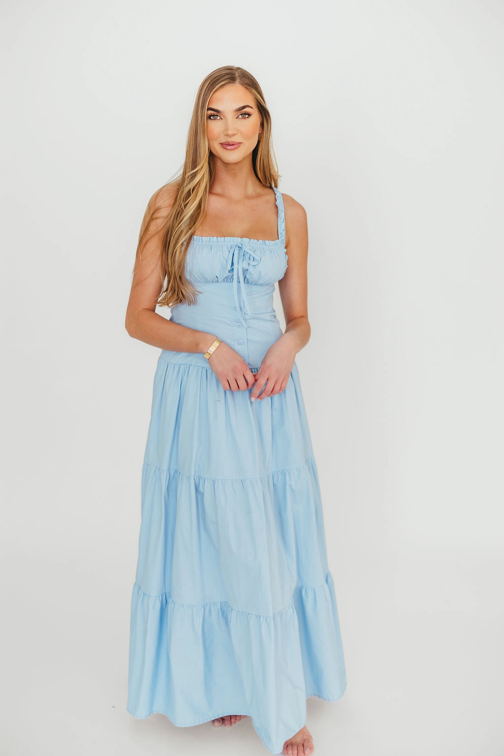 Comfy Comfort Happy Glow Sutton Corset Button Down Tiered Maxi Dress in Light Blue *Final-Sale*