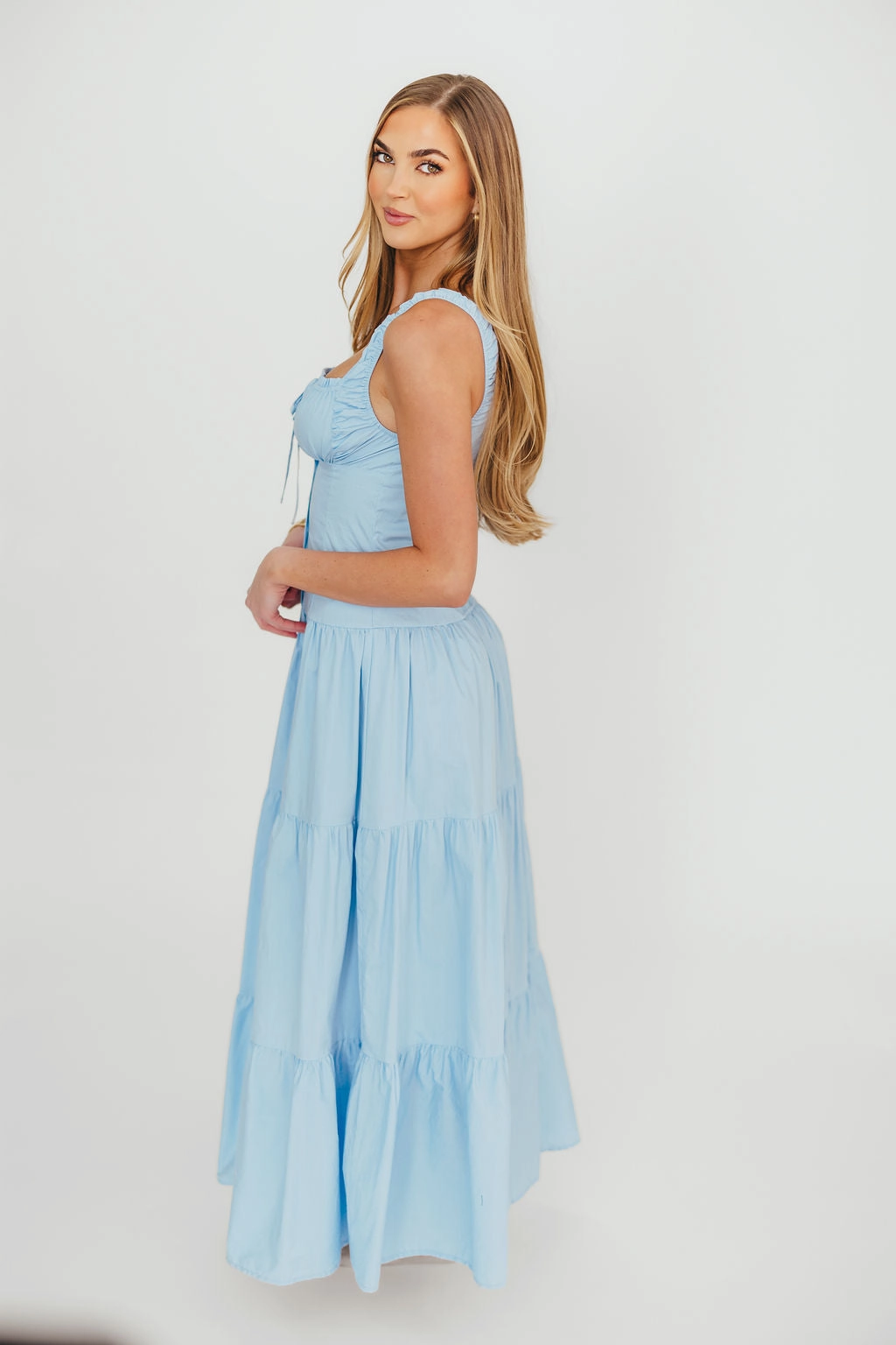Neutral Finish Sutton Corset Button Down Tiered Maxi Dress in Light Blue *Final-Sale*
