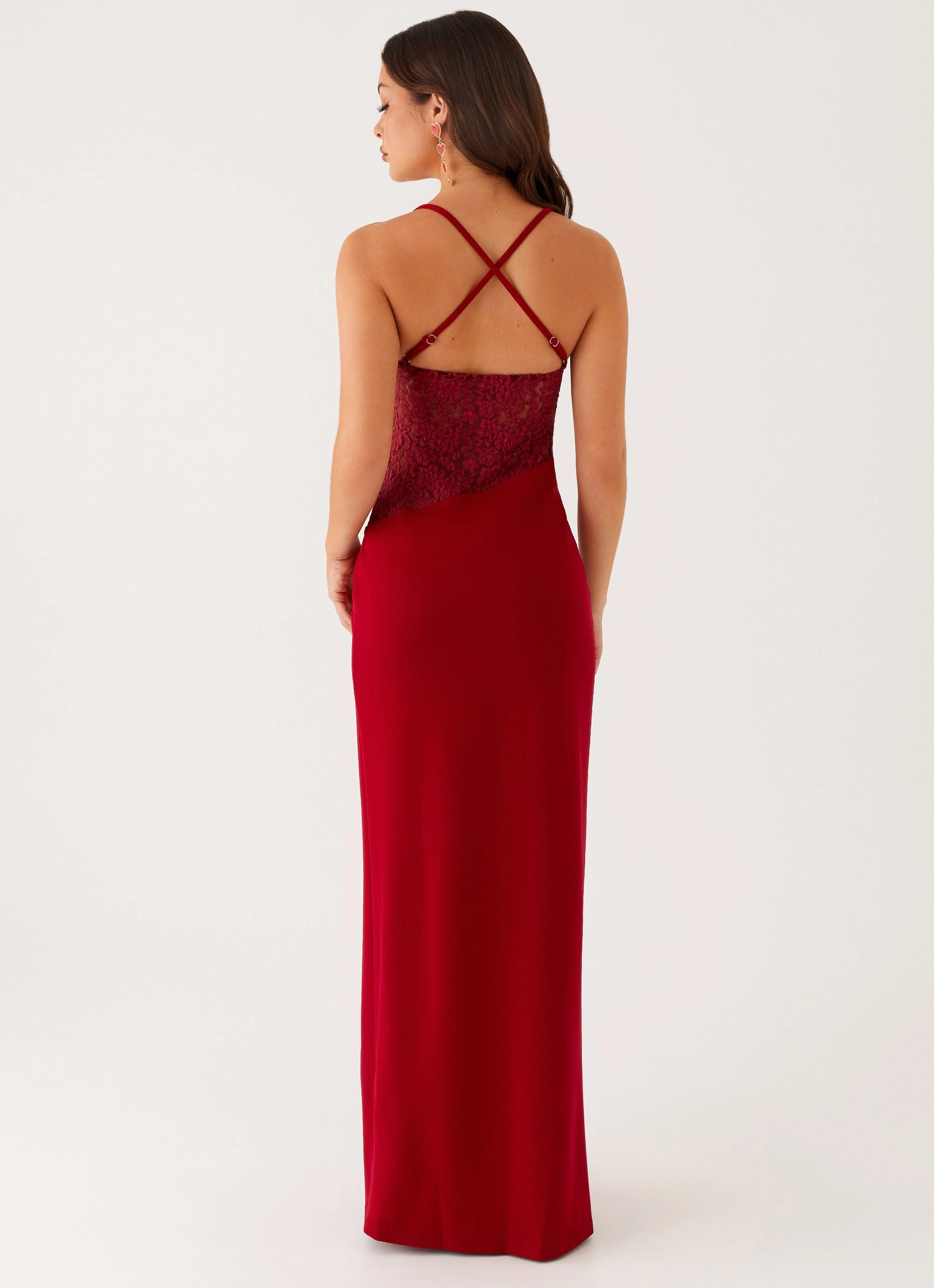 Structured-Shape Cap-Sleeve Heartbreaker Maxi Dress - Deep Red