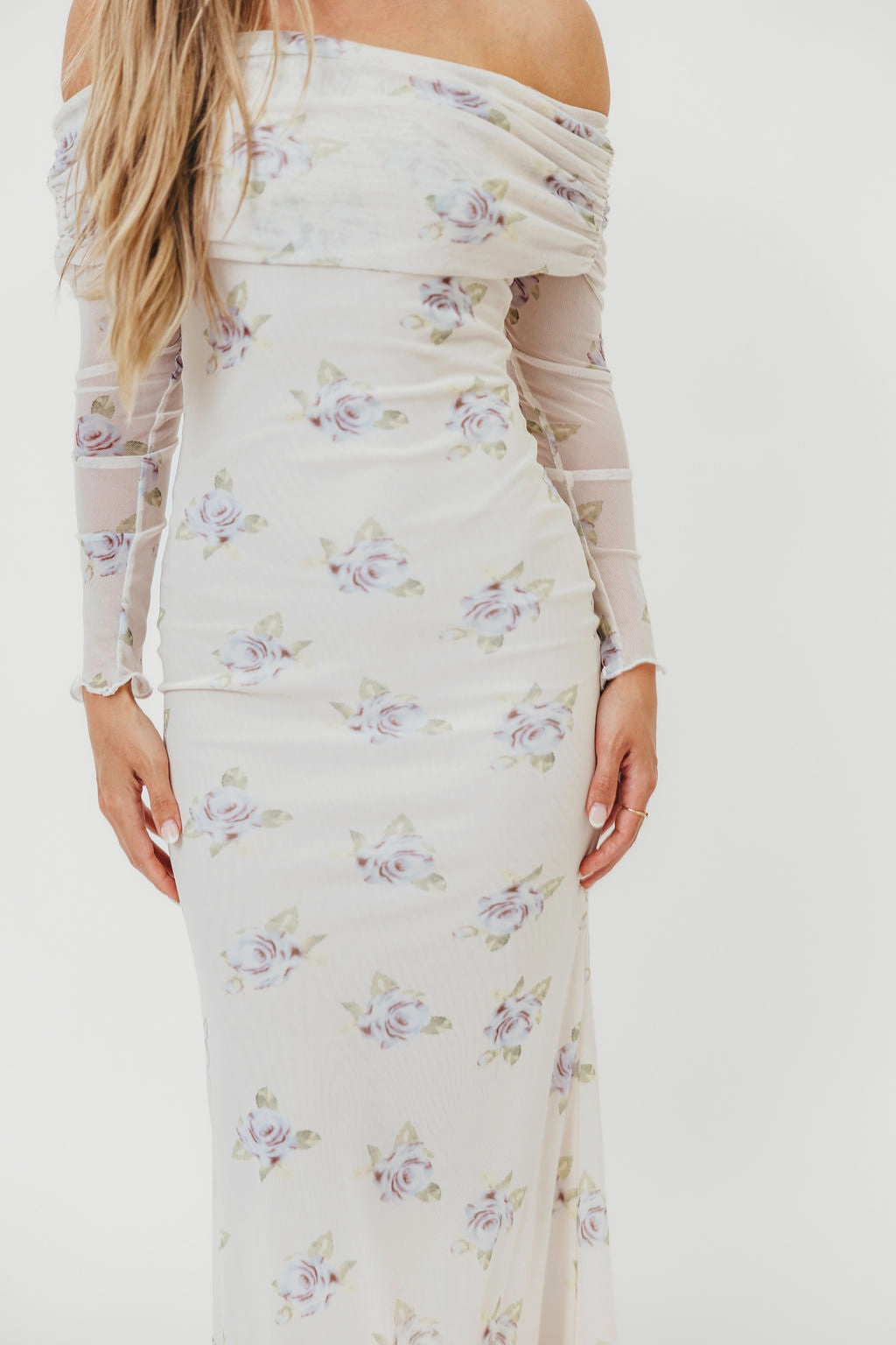 Chrishell Off Shoulder Maxi Dress in Cream Wool-Blend