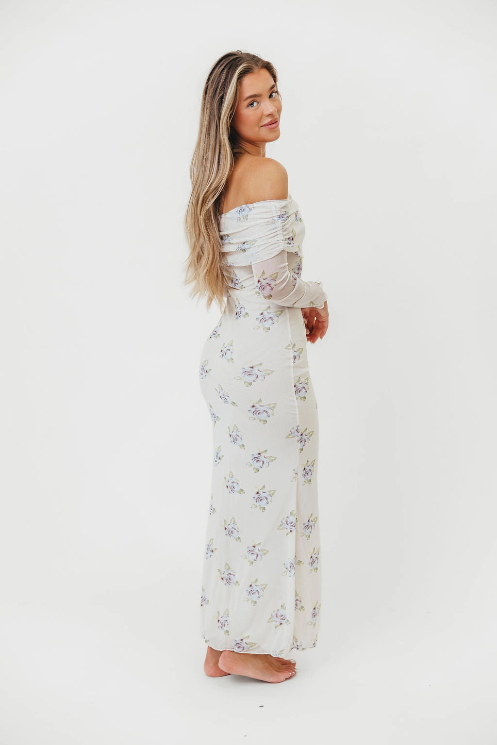 Chrishell Off Shoulder Maxi Dress in Cream Relax Fit Office Glam