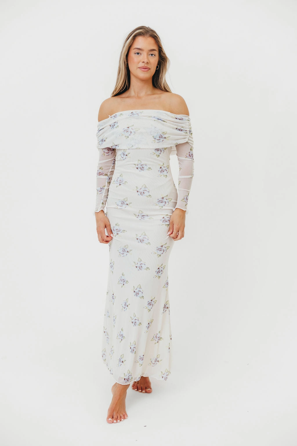 Chrishell Off Shoulder Maxi Dress in Cream Evening Glow Autumn Ready