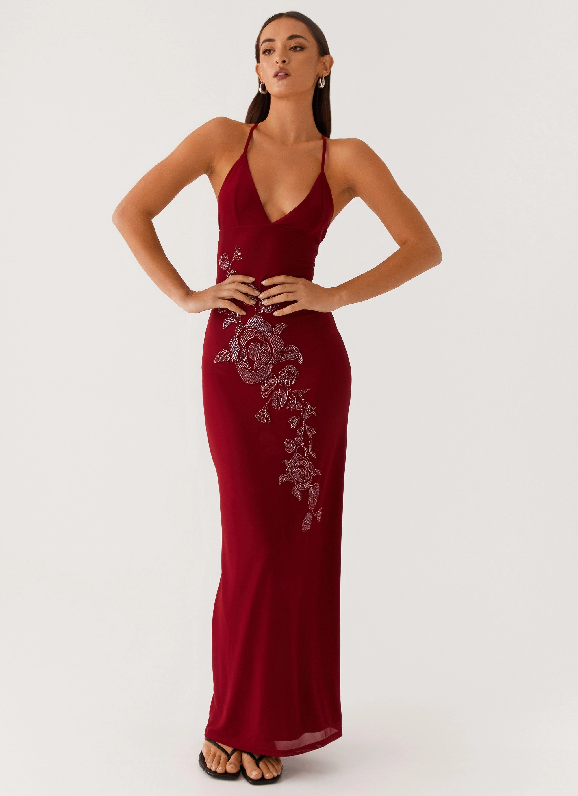 Beki Beaded Mesh Maxi Dress - Deep Red Lace-Trim