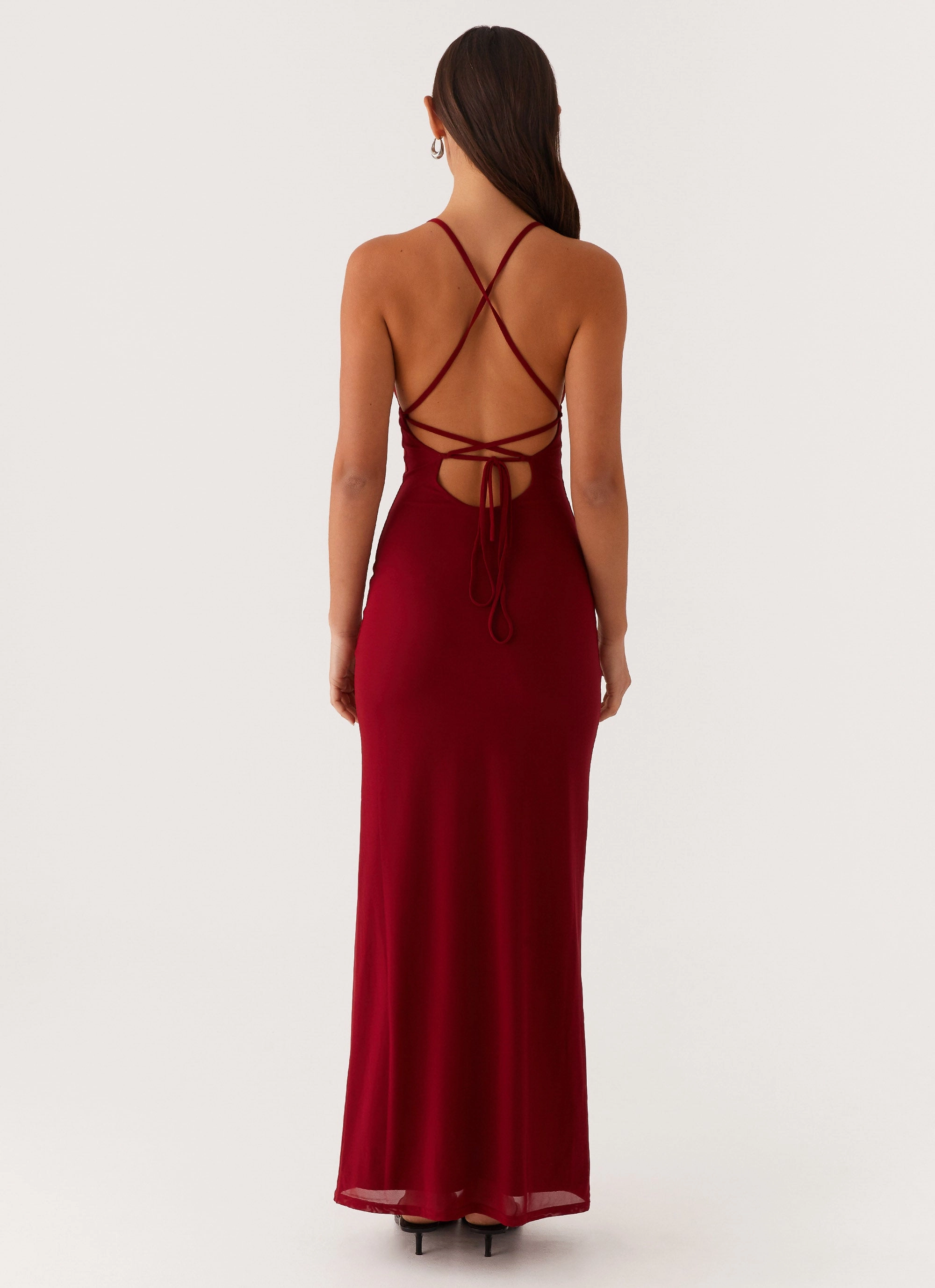 Beki Beaded Mesh Maxi Dress - Deep Red Subtle Texture Smile Soft