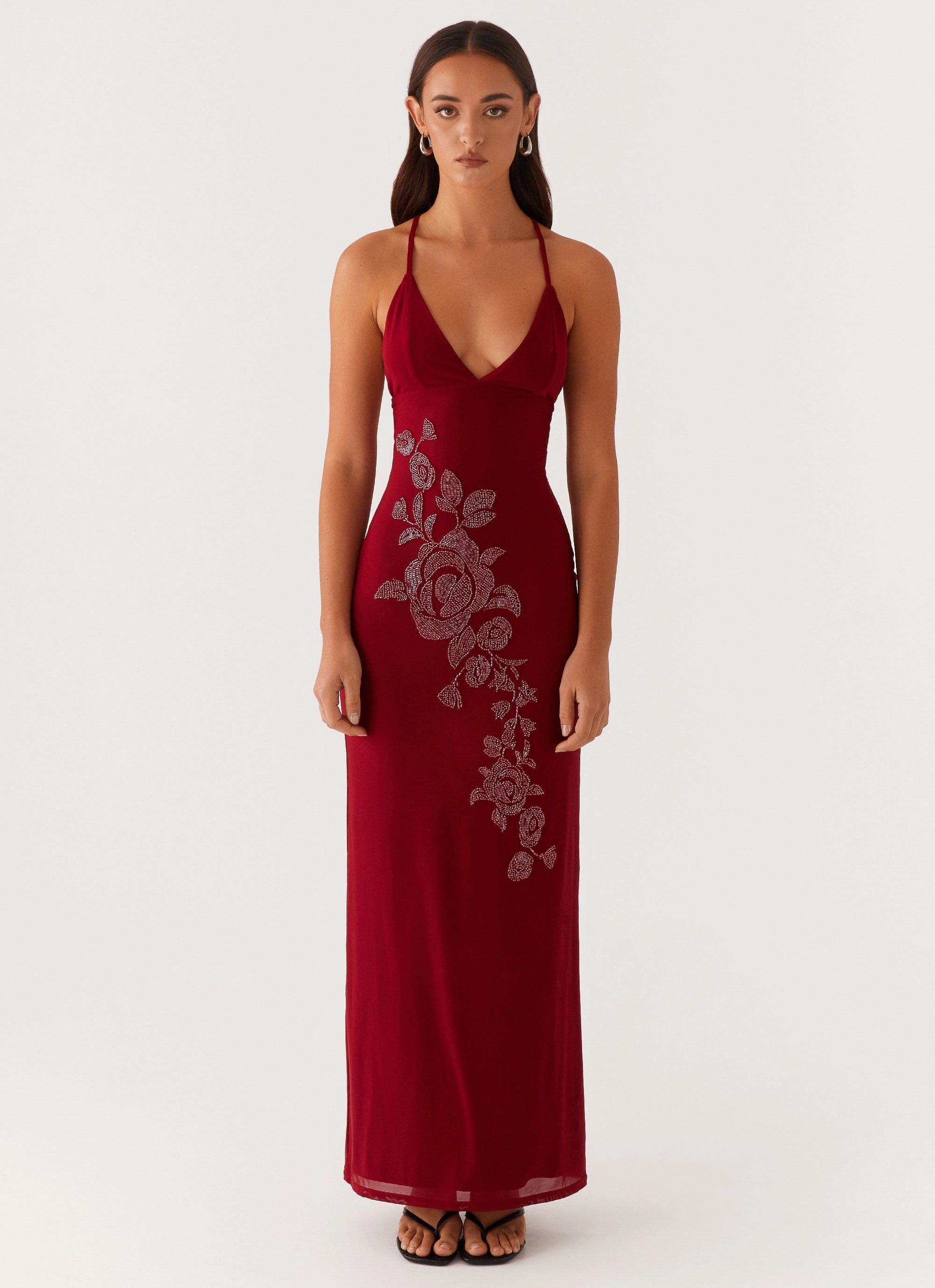 Beki Beaded Mesh Maxi Dress - Deep Red Church Scene