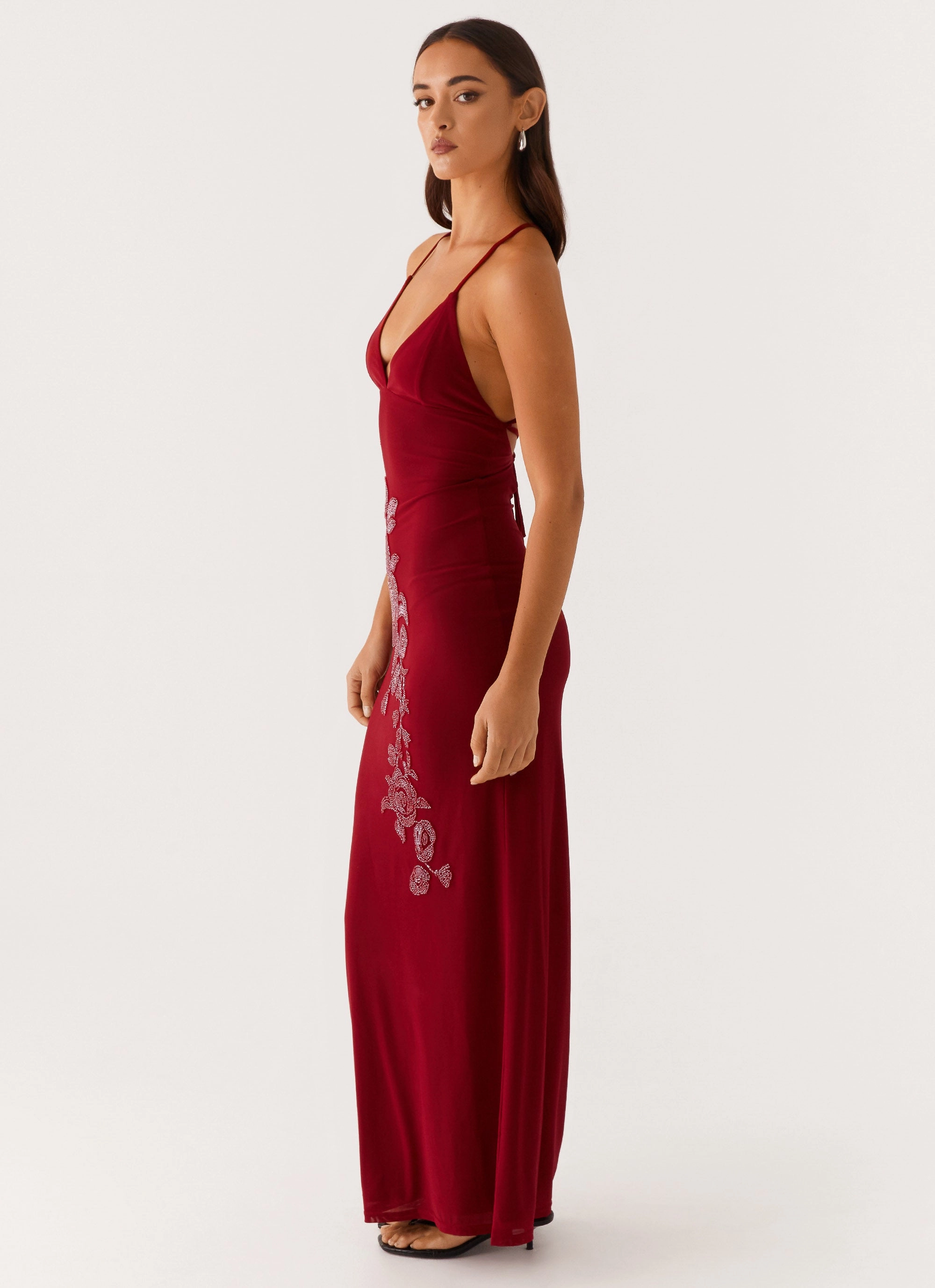 Beki Beaded Mesh Maxi Dress - Deep Red sweet moment Fine Details