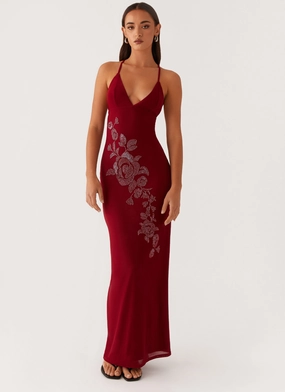 Beki Beaded Mesh Maxi Dress - Deep Red Casual Vibes Outdoor Scene