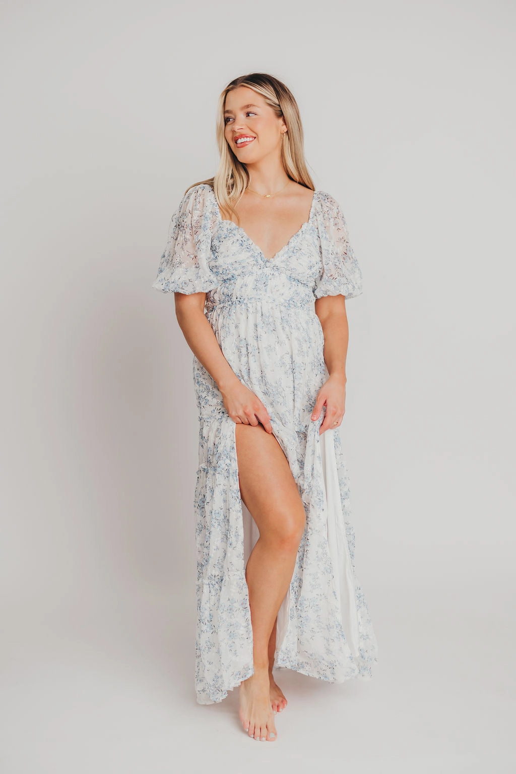 Soft Weave Subtle Drape Daphne High Slit Eyelet Detail Maxi Dress in Blue and White Floral - Inclusive Sizing