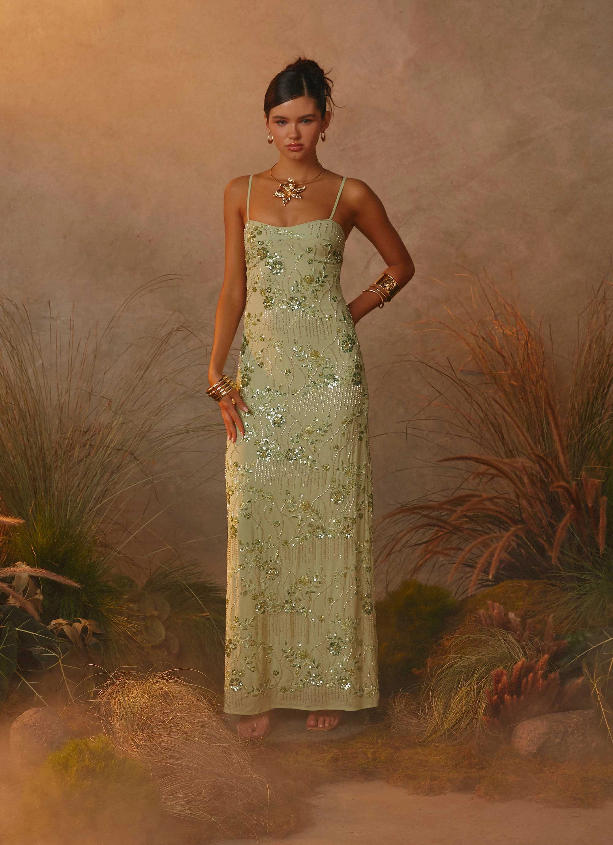 Celandine Beaded Maxi Dress - Lime Cozy Fit