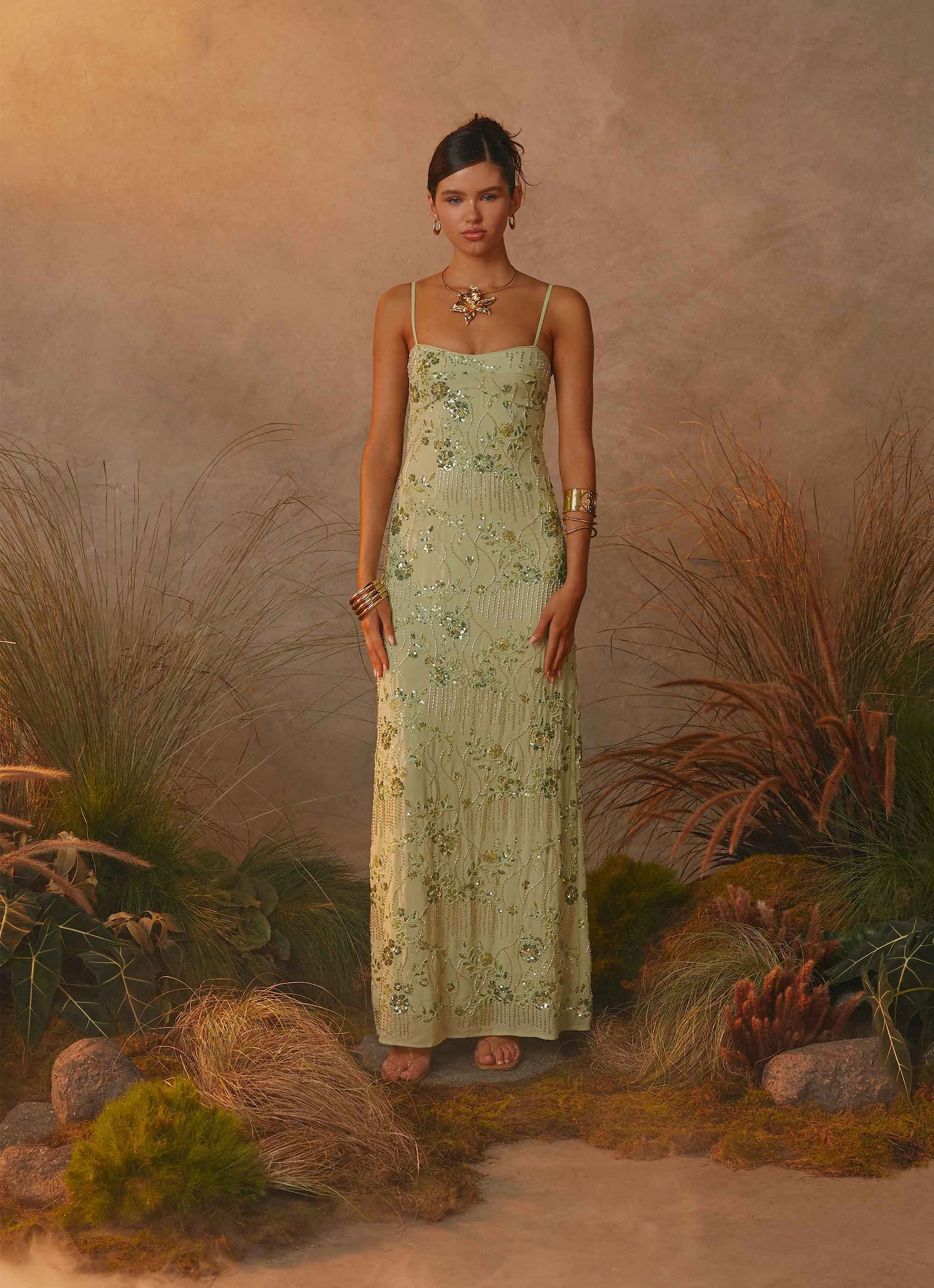 Celandine Beaded Maxi Dress - Lime Cool Palette Quick Layer