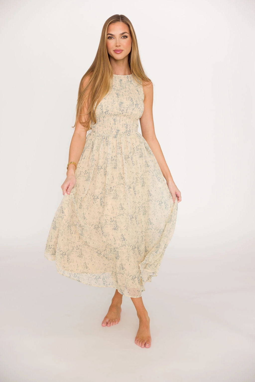 Subtle Touch Alaina Floral Print Smocked Midi Dress in Blue Multi * Final-Sale *