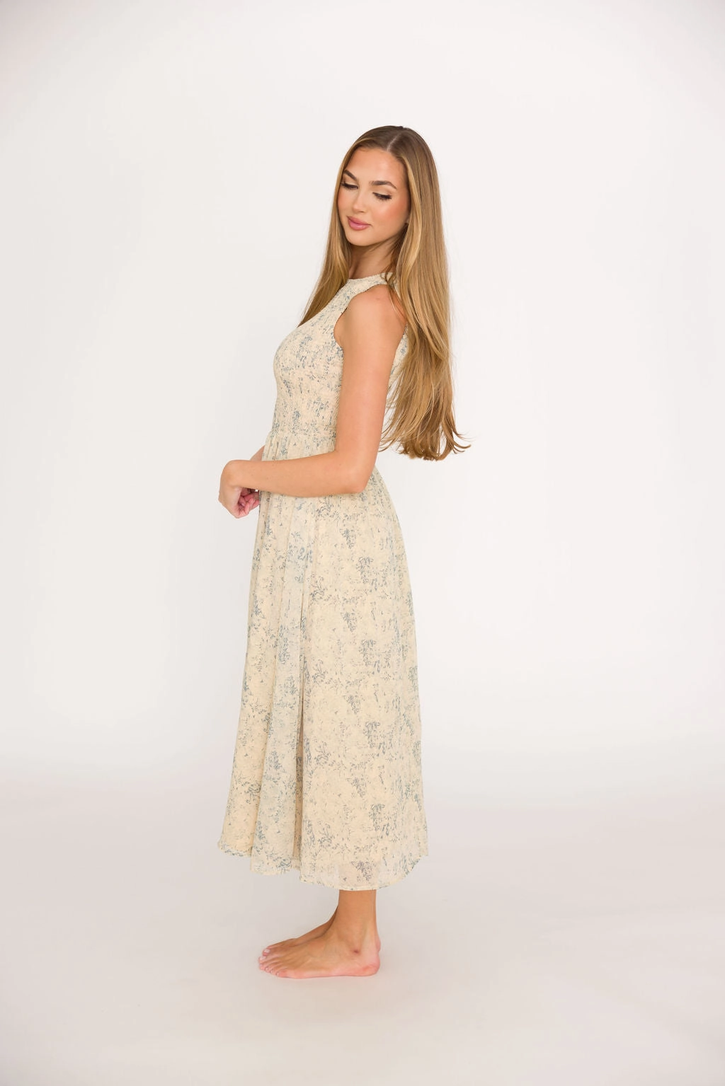 Alaina Floral Print Smocked Midi Dress in Blue Multi * Final-Sale * Tie-dye Flowing Layers