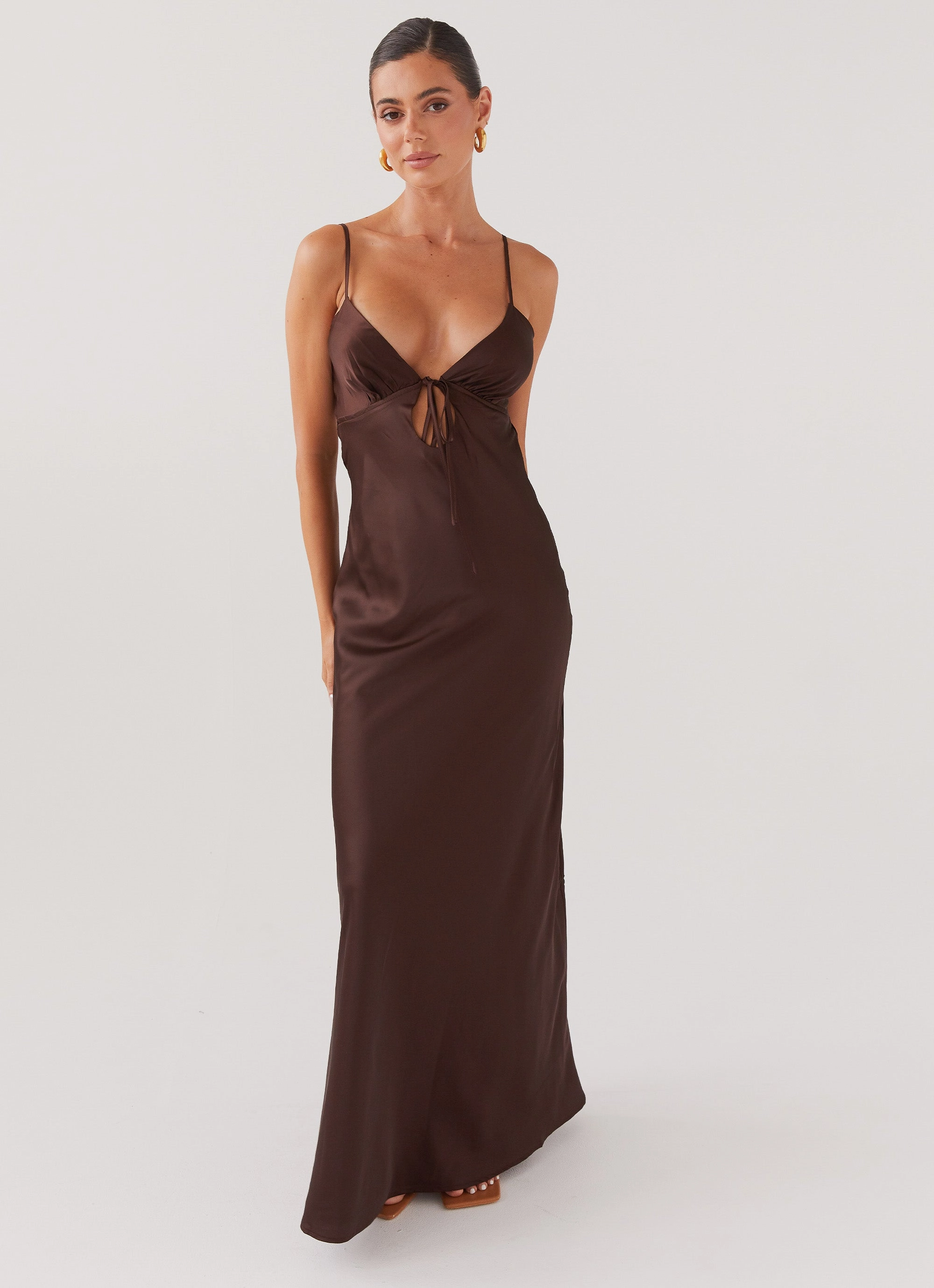 Flora Satin Maxi Dress - Chocolate Form Focus