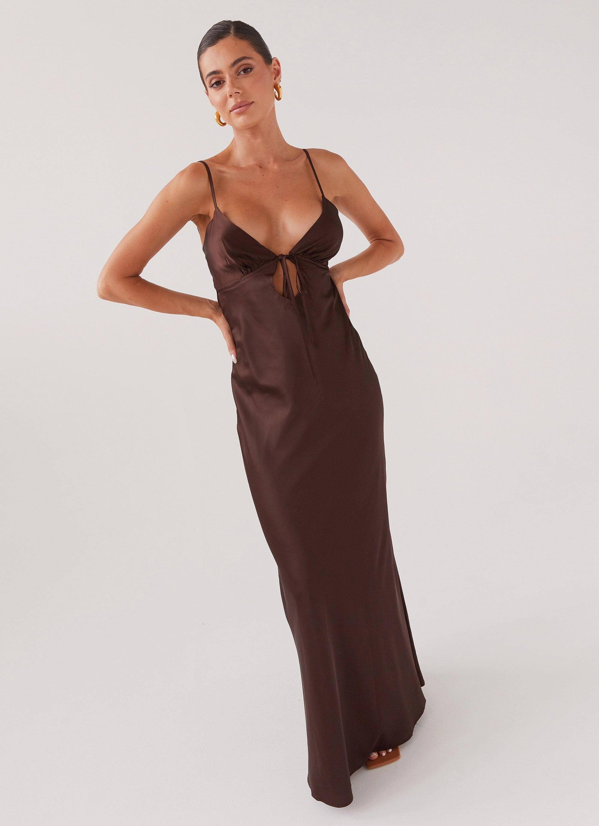 Bless Touch Soft and Chic Flora Satin Maxi Dress - Chocolate
