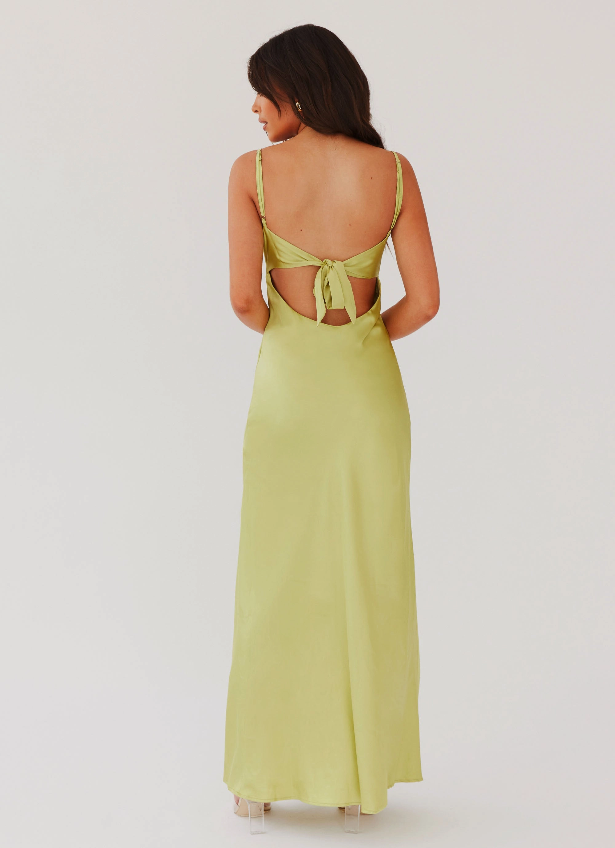 Ruffle Detail Chic Motion Flora Satin Maxi Dress - Green Expectations