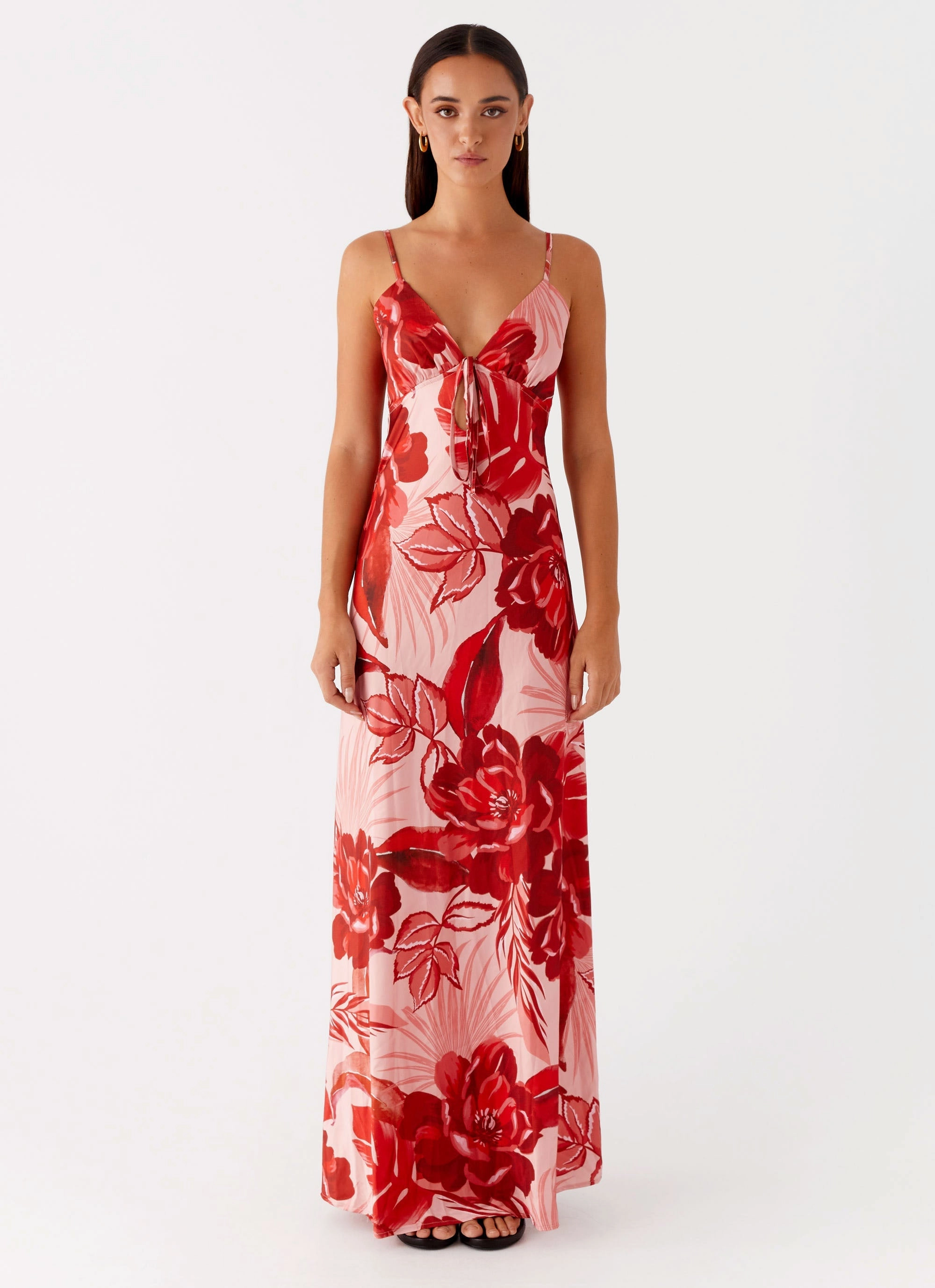 Sheer Light Bold Cut Flora Satin Maxi Dress - Sicily Sunsets Print