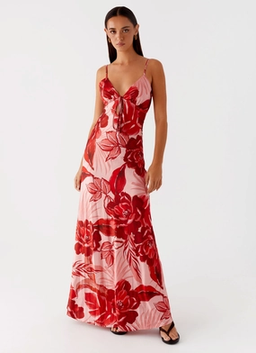 Elegant Tailoring Crisp Detail Flora Satin Maxi Dress - Sicily Sunsets Print
