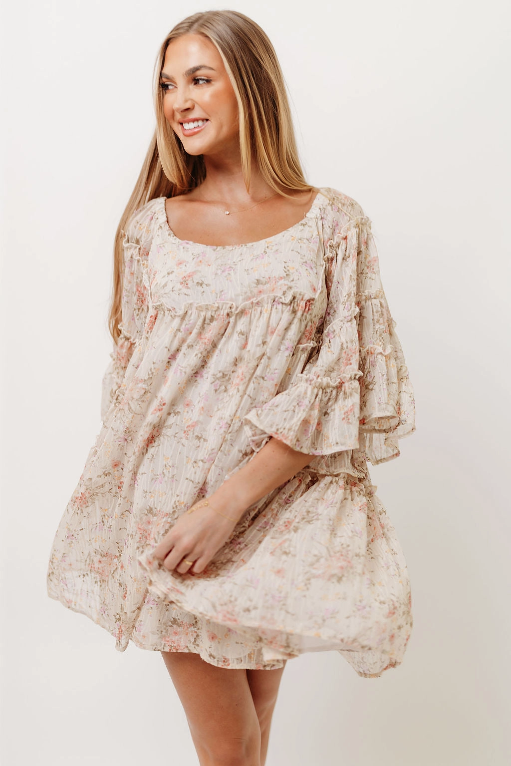 Floral Affair Mini Dress in Cream Multi Soft Touch