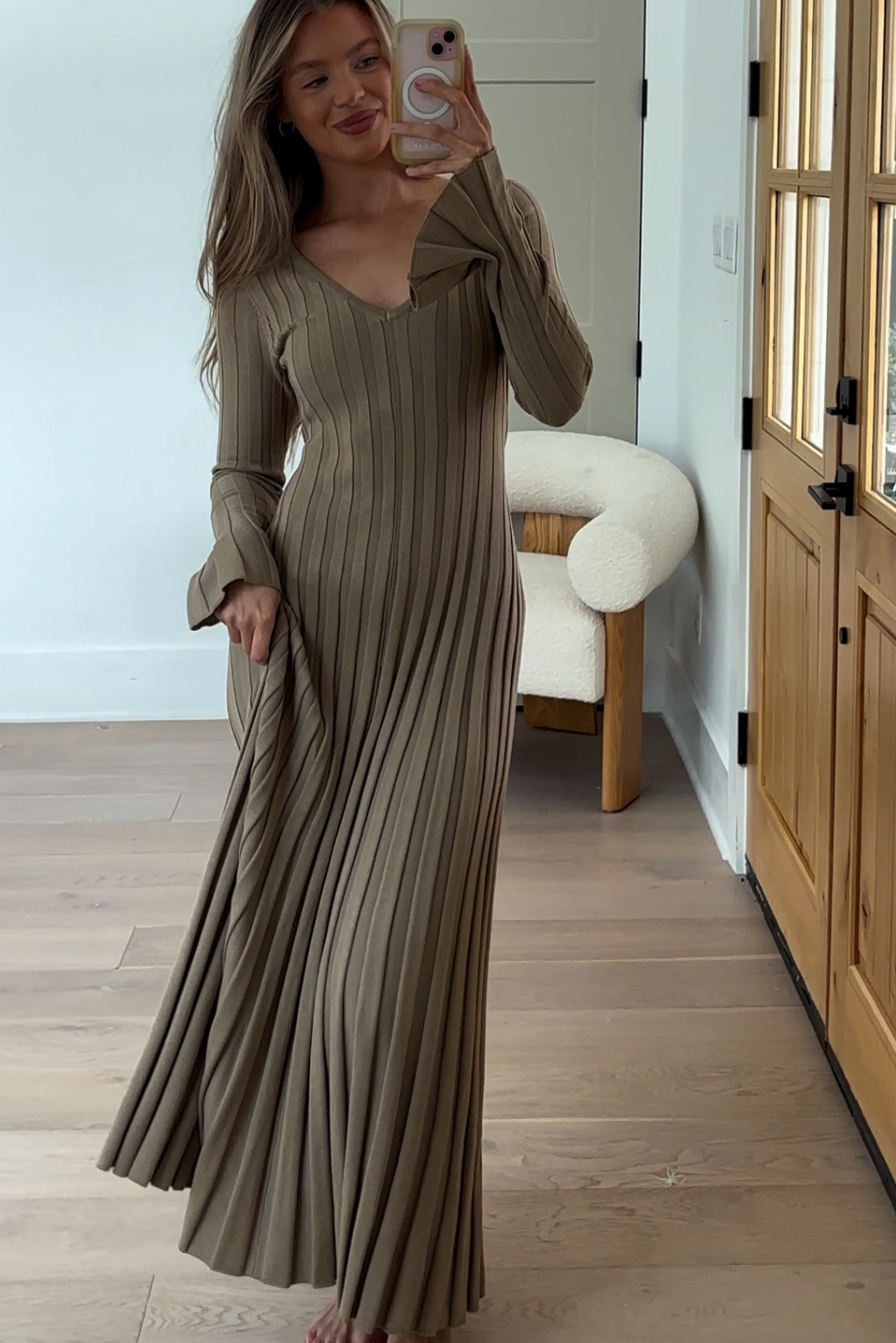 DurableStitching Hadley Long Sleeve V-Neck Knit Maxi Dress in Dune