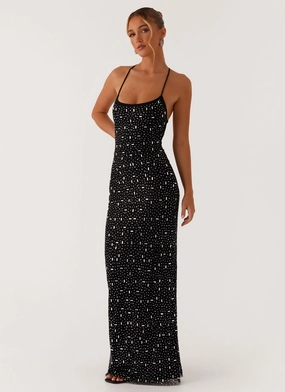 Cressida Rhinestone Mesh Maxi Dress - Black Dreamy Simplicity Smart Lines