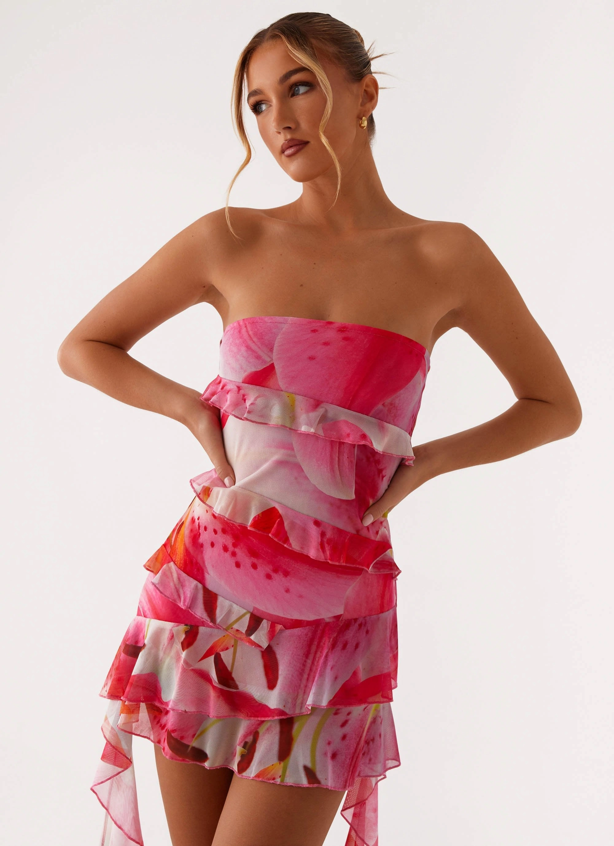 Macey Mini Dress - White Pink Lilly Silky-Lining