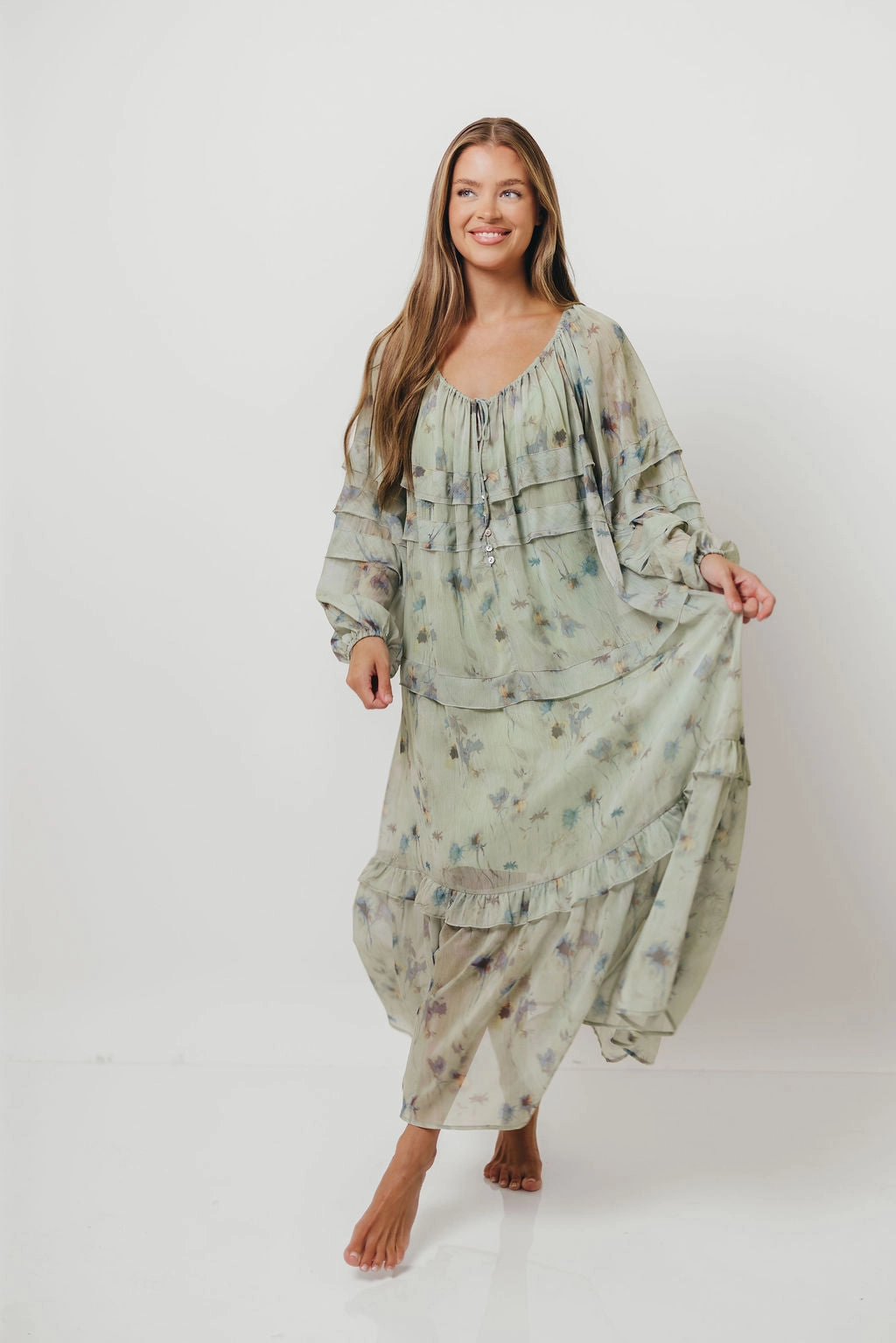 FlexibleClosure Sister Charm Wildwood Ruffled Maxi Dress in Sage Multi