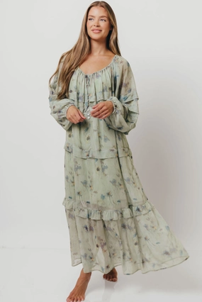 knee-length Wildwood Ruffled Maxi Dress in Sage Multi