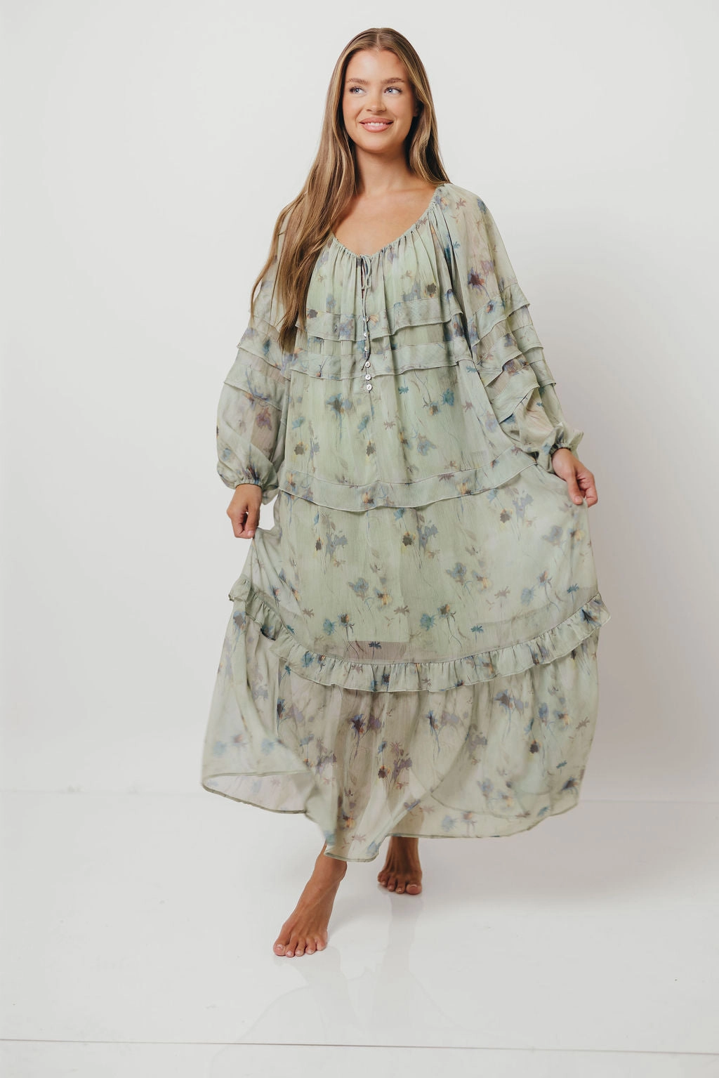 Villa Light Wildwood Ruffled Maxi Dress in Sage Multi