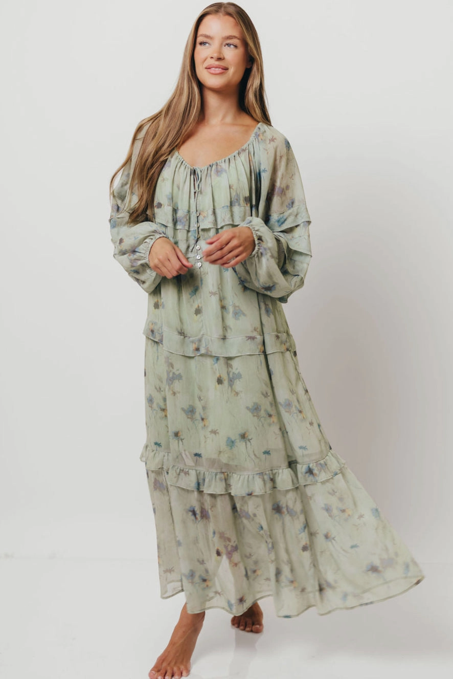 Wildwood Ruffled Maxi Dress in Sage Multi Daily Ready