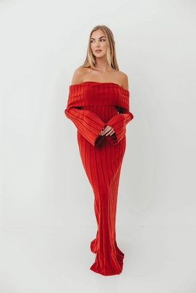 Evella Maxi Dress in Red - Bump Friendly Youthful Feel Wool-Blend