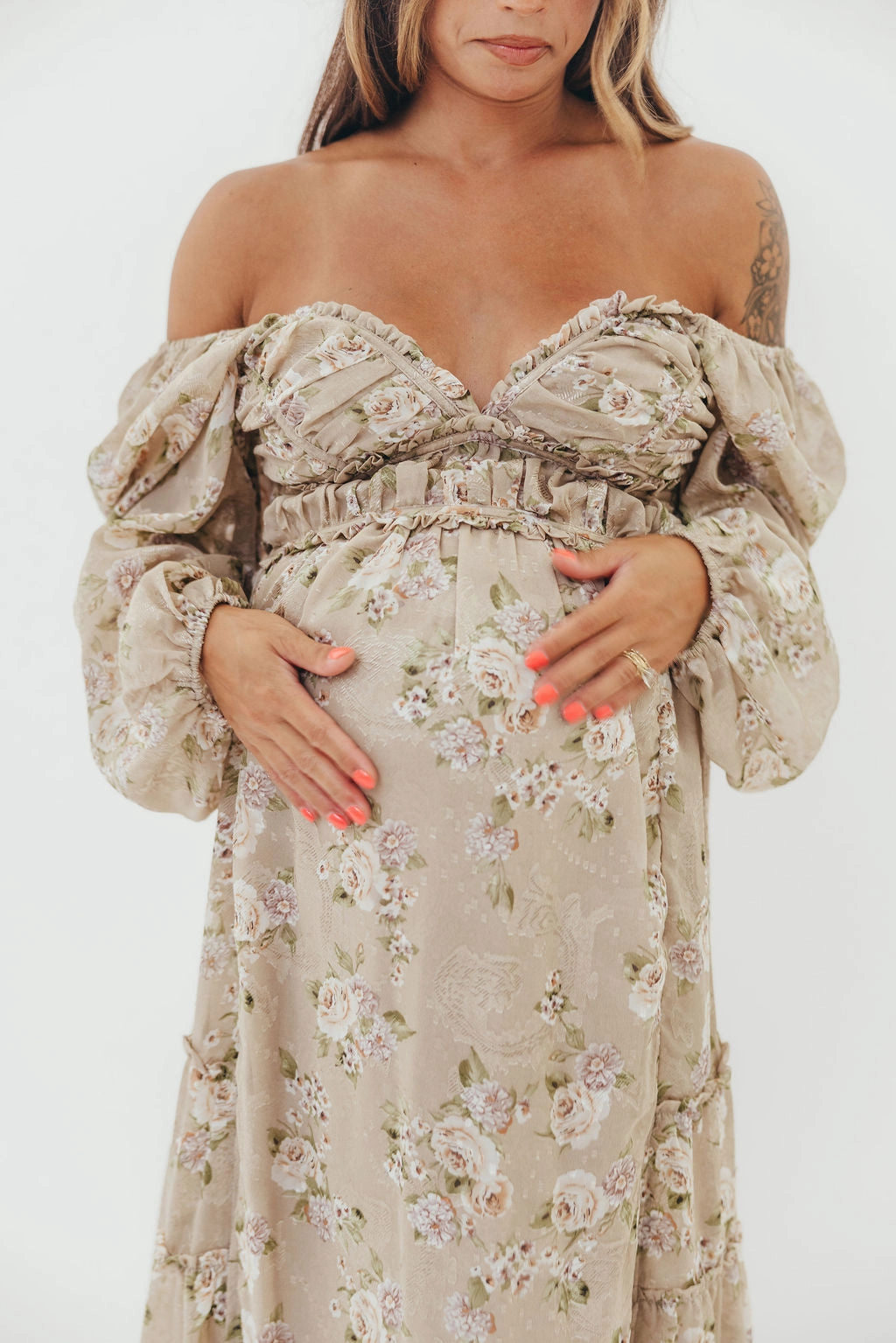 Classic Cut Daphne Long Sleeve Maxi Dress in Beige/Multi Floral - Bump Friendly & Inclusive Sizing (XS-3XL)