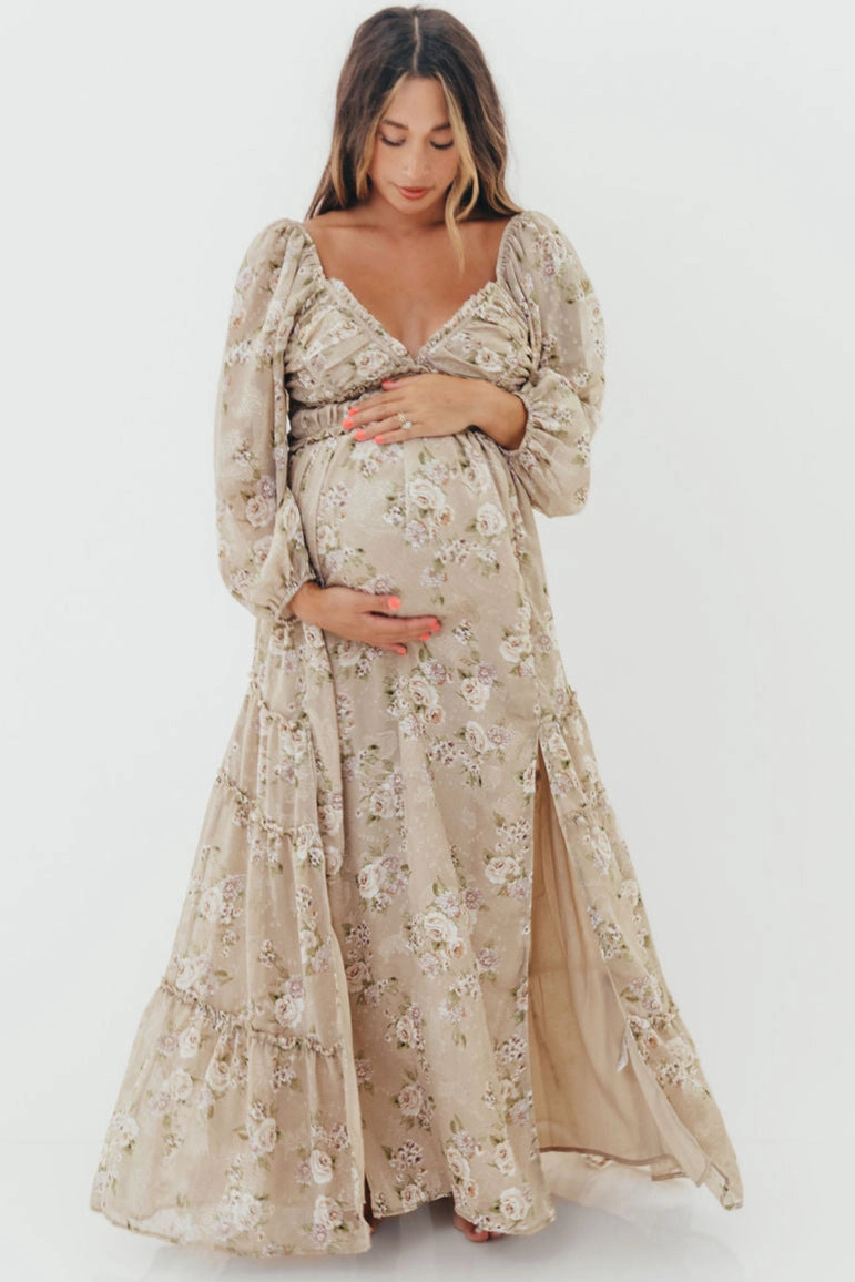 Daphne Long Sleeve Maxi Dress in Beige/Multi Floral - Bump Friendly & Inclusive Sizing (XS-3XL) Chic Motion