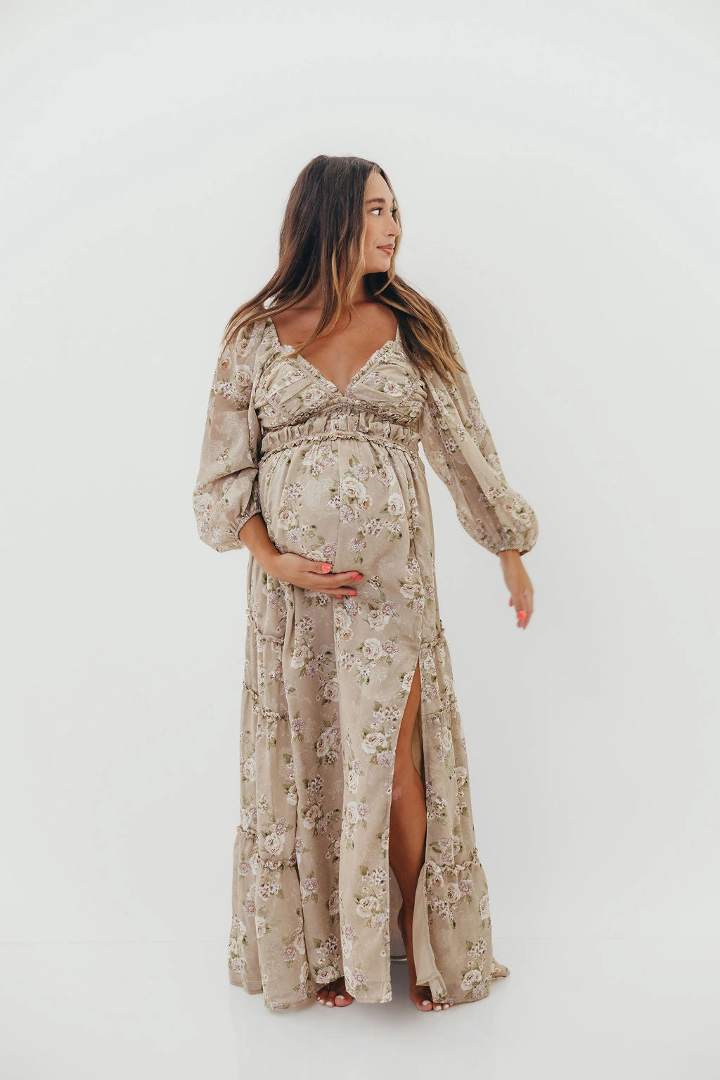 effortless grace Chill Edge Daphne Long Sleeve Maxi Dress in Beige/Multi Floral - Bump Friendly & Inclusive Sizing (XS-3XL)