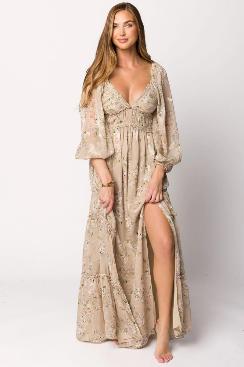 Daphne Long Sleeve Maxi Dress in Beige/Multi Floral - Bump Friendly & Inclusive Sizing (XS-3XL) Formal Look