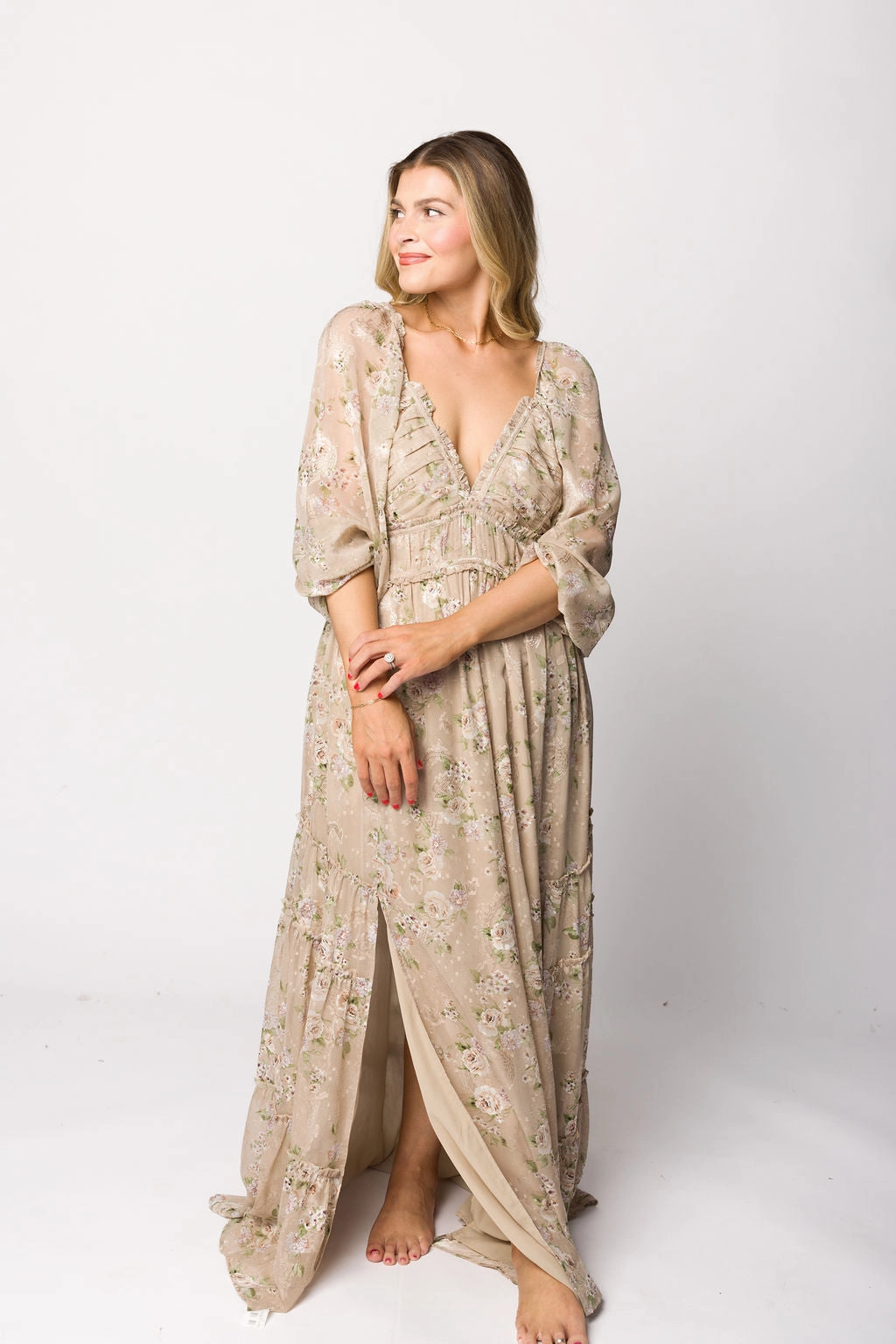 Daphne Long Sleeve Maxi Dress in Beige/Multi Floral - Bump Friendly & Inclusive Sizing (XS-3XL) Fresh Stitch